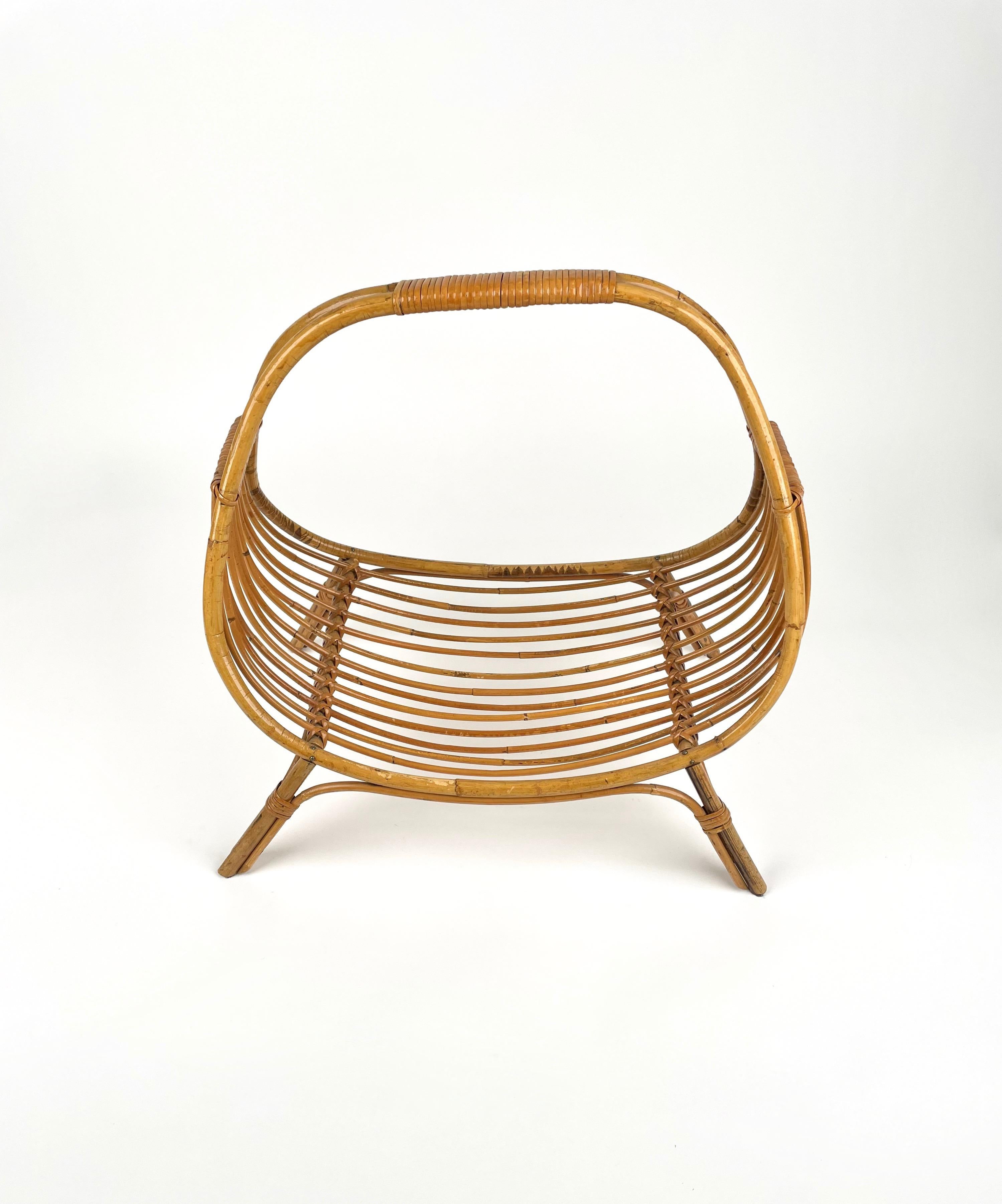 Mid-20th Century Midcentury Rattan & Bamboo Curved Magazine Rack, Italy 1960s For Sale