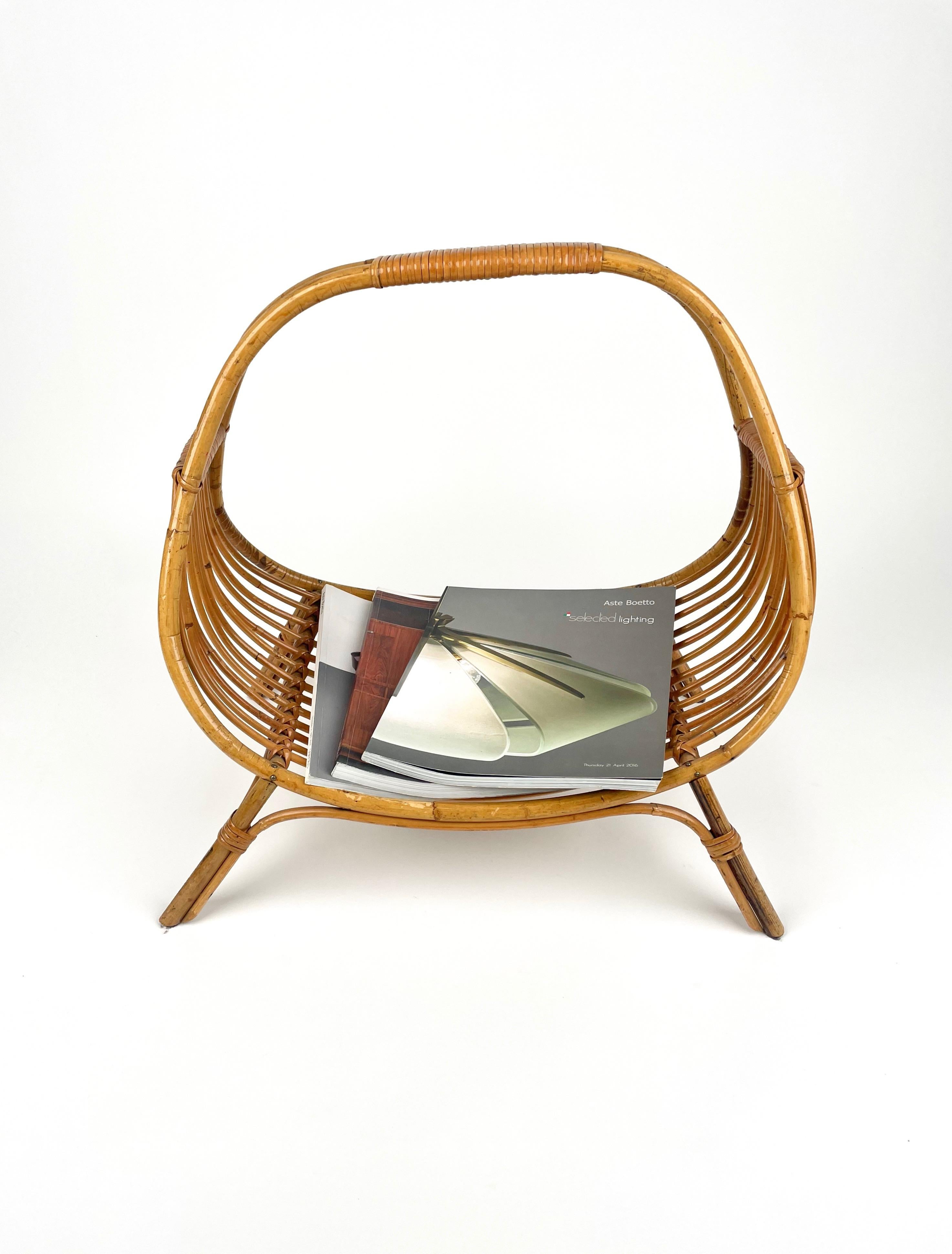 Midcentury Rattan & Bamboo Curved Magazine Rack, Italy 1960s For Sale 1