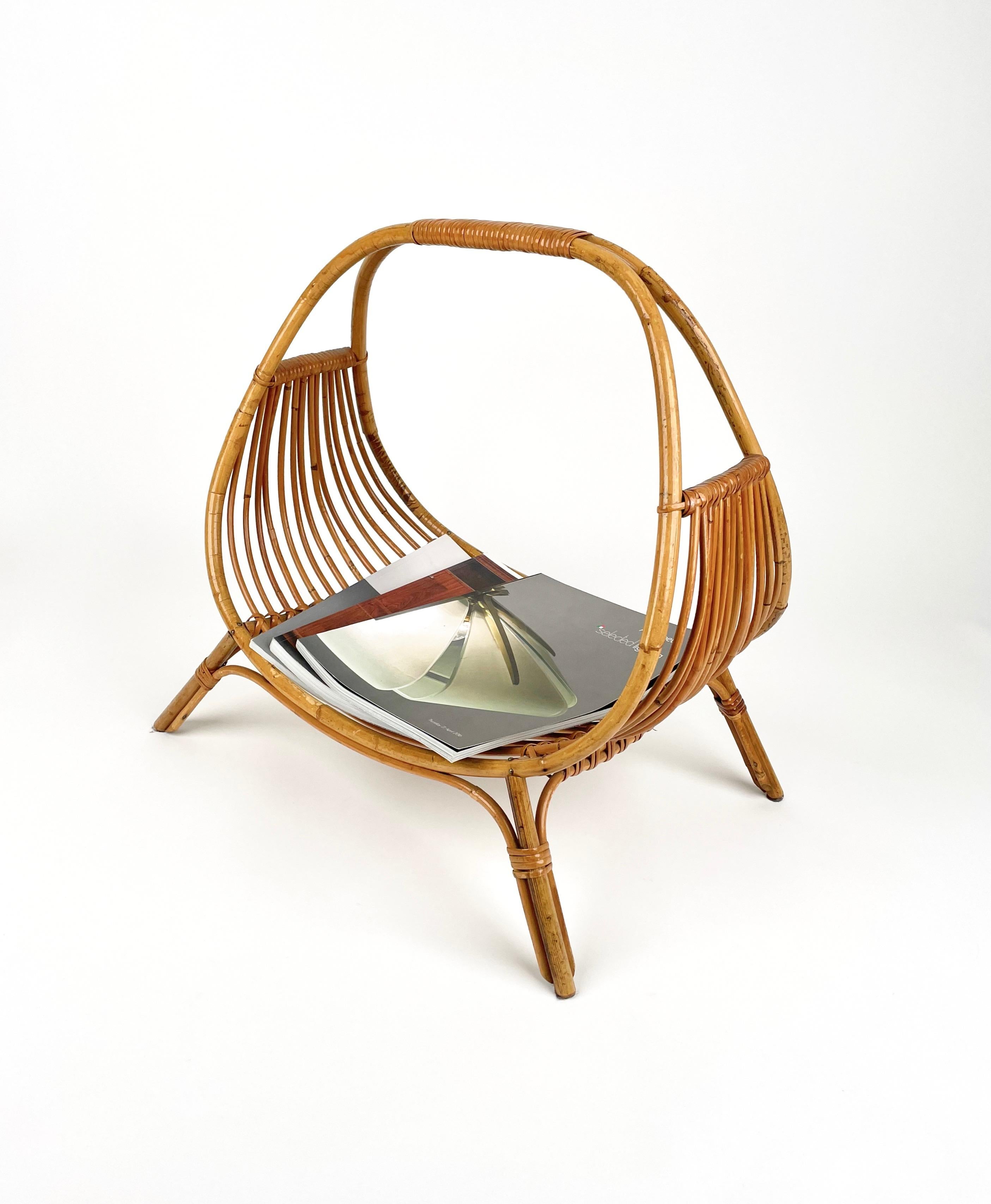 Midcentury Rattan & Bamboo Curved Magazine Rack, Italy 1960s For Sale 2