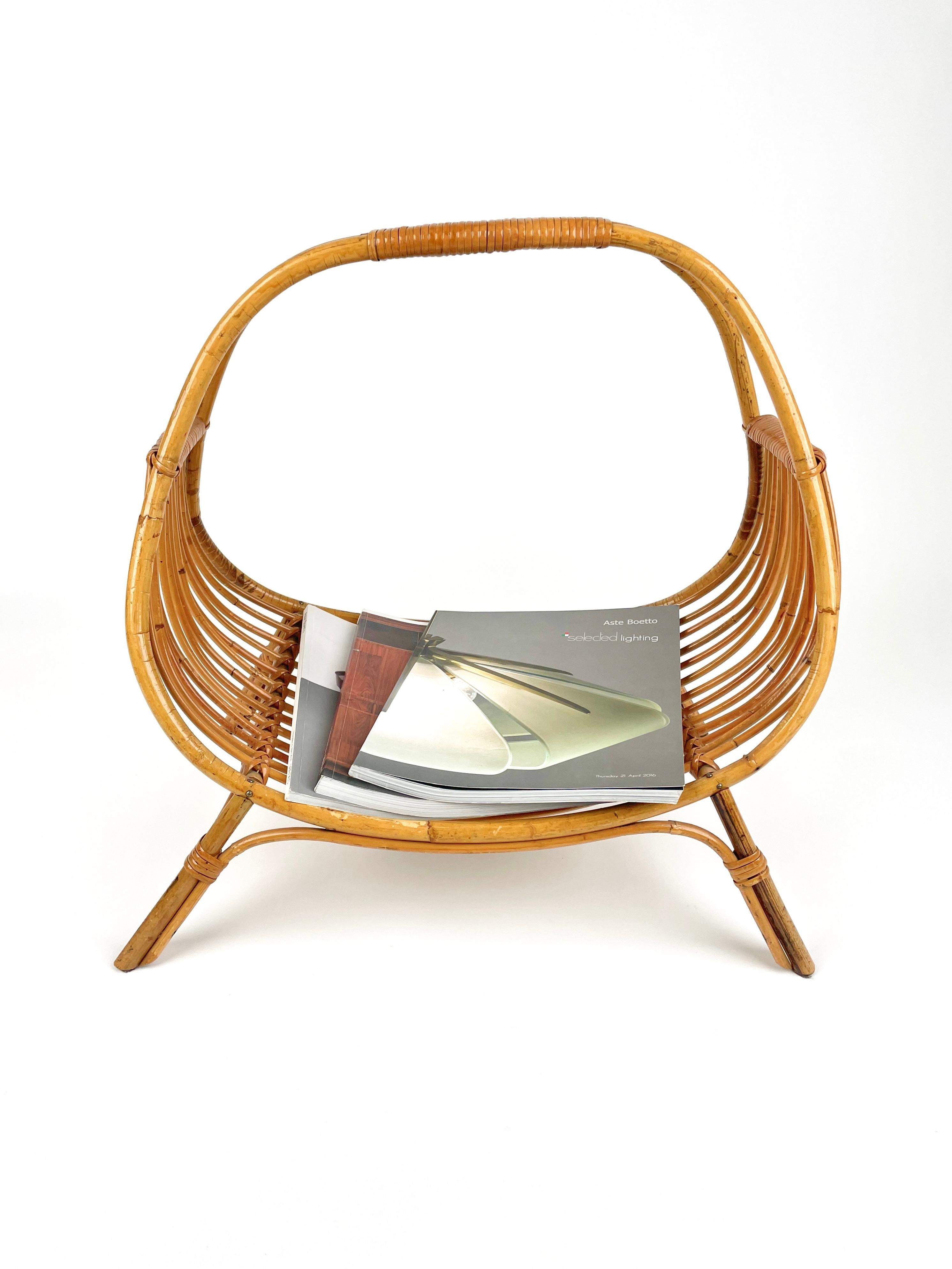 Midcentury Rattan & Bamboo Curved Magazine Rack, Italy 1960s For Sale 3