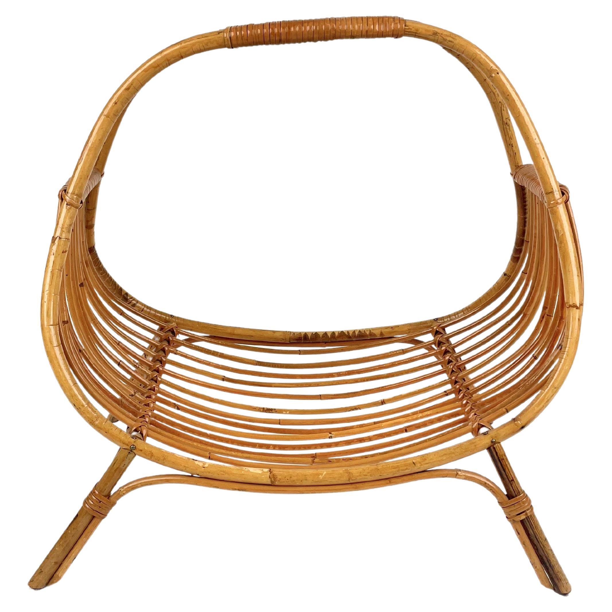 Midcentury Rattan & Bamboo Curved Magazine Rack, Italy 1960s For Sale