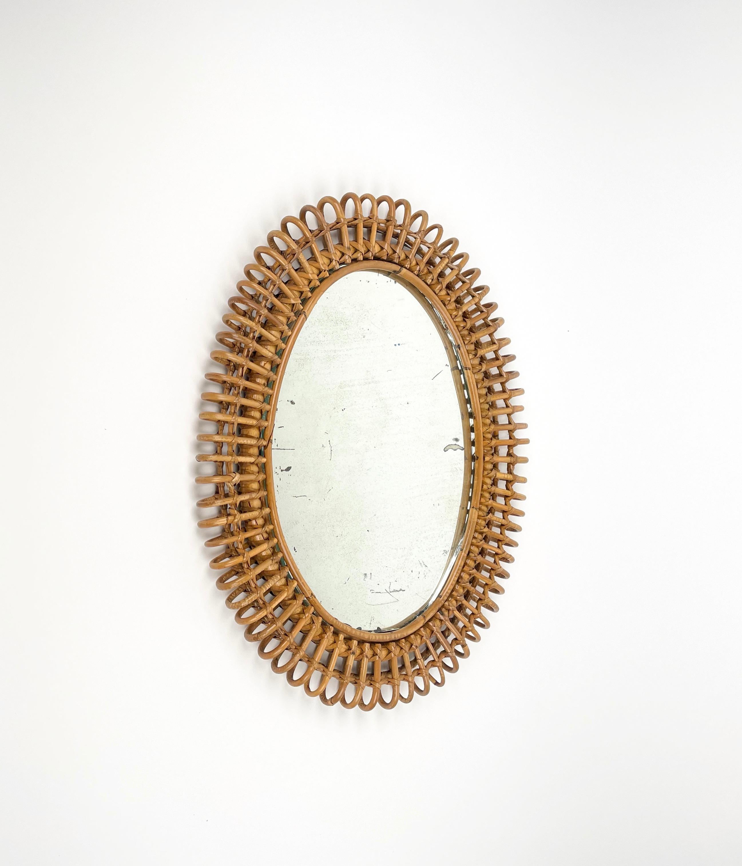 Mid-Century Modern Midcentury Rattan & Bamboo Oval Wall Mirror, Italy, 1960s