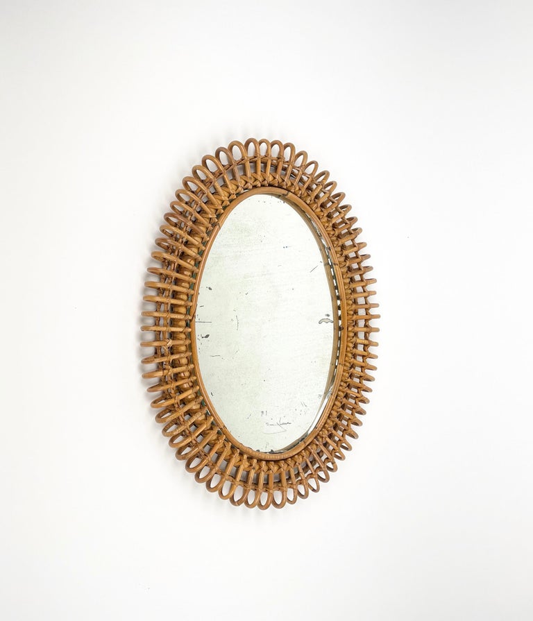 Mid-Century Modern Midcentury Rattan & Bamboo Oval Wall Mirror, Italy, 1960s For Sale