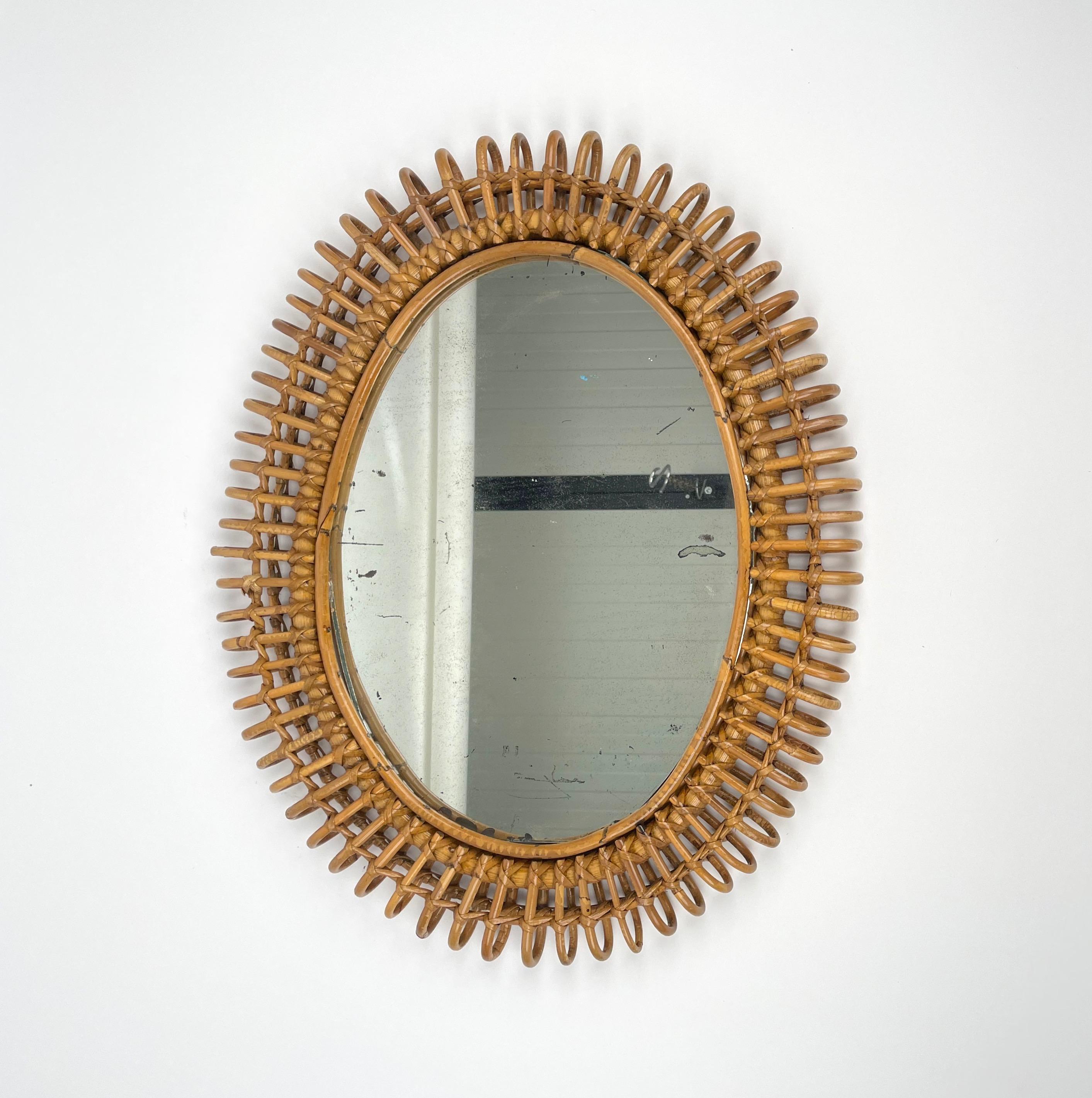 Italian Midcentury Rattan & Bamboo Oval Wall Mirror, Italy, 1960s