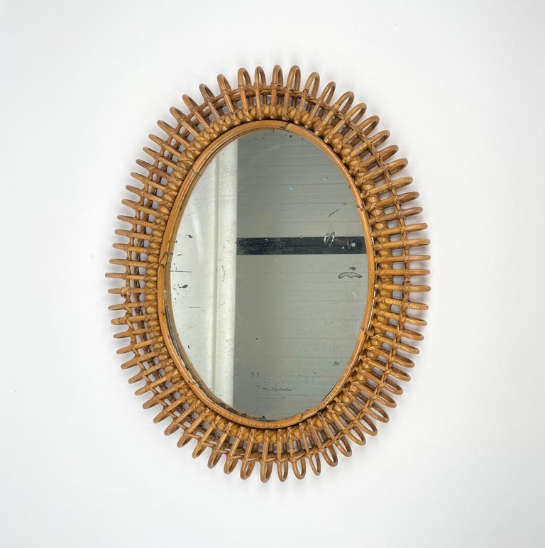 Italian Midcentury Rattan & Bamboo Oval Wall Mirror, Italy, 1960s For Sale