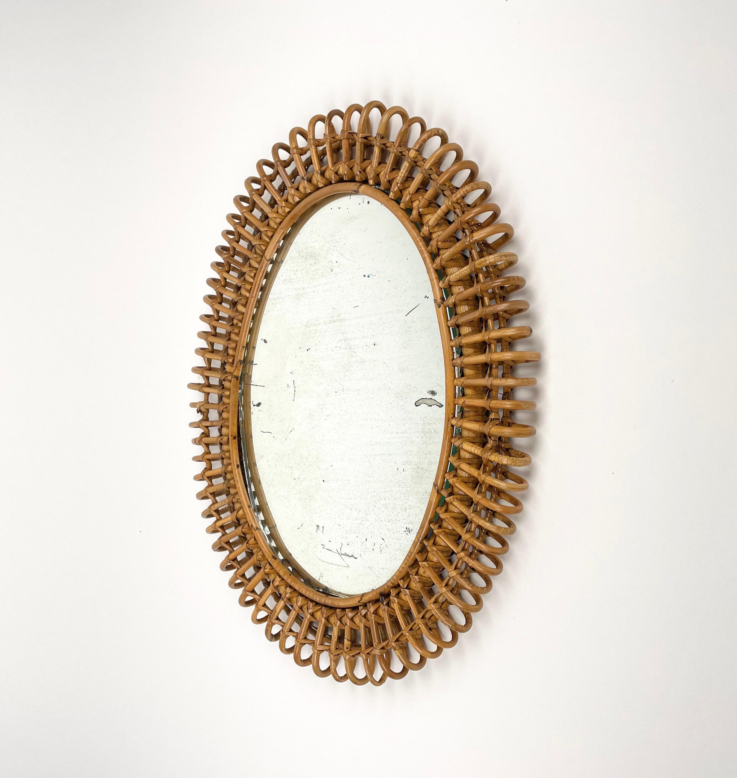 Midcentury Rattan & Bamboo Oval Wall Mirror, Italy, 1960s In Good Condition In Rome, IT
