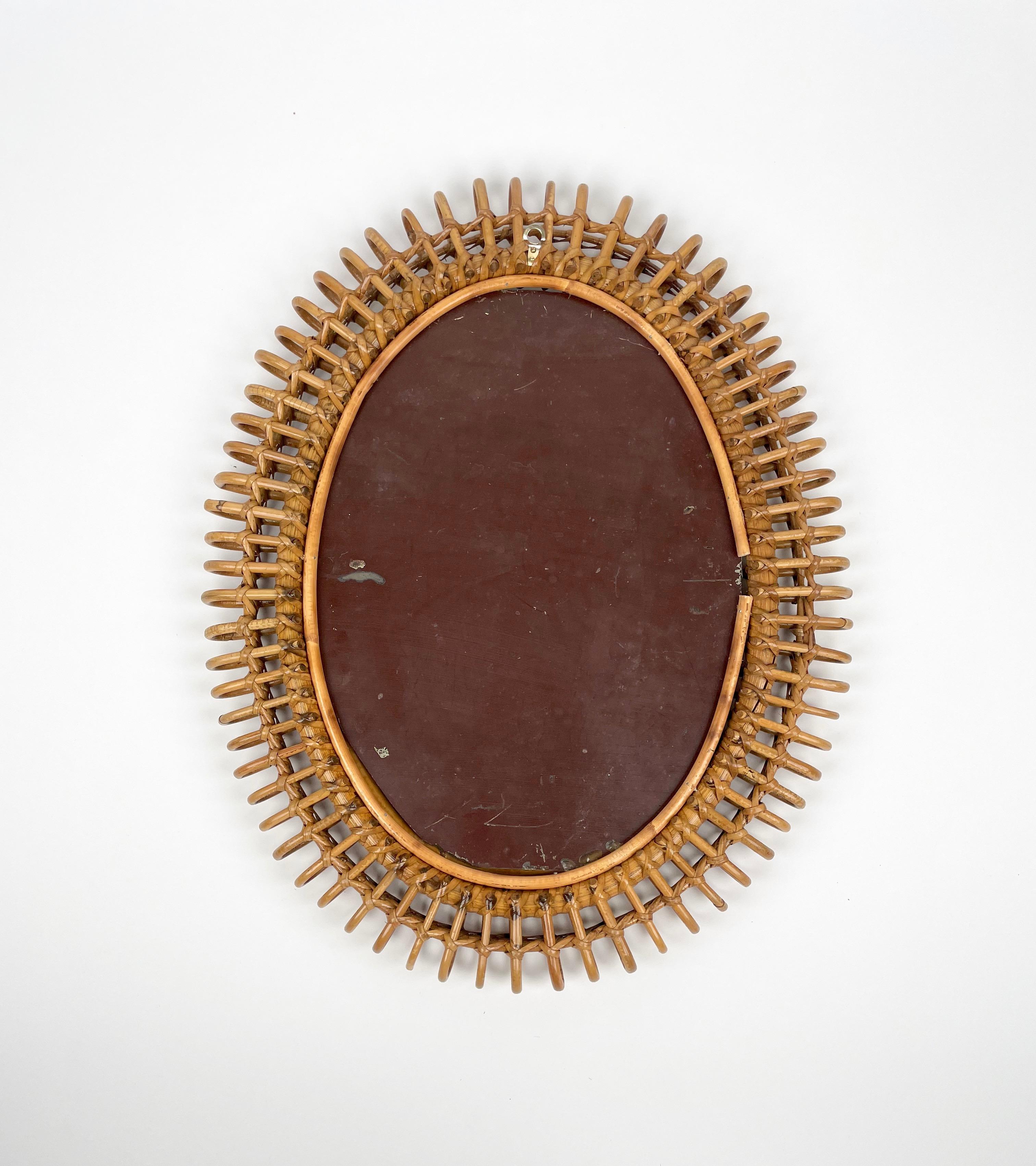 Midcentury Rattan & Bamboo Oval Wall Mirror, Italy, 1960s 3