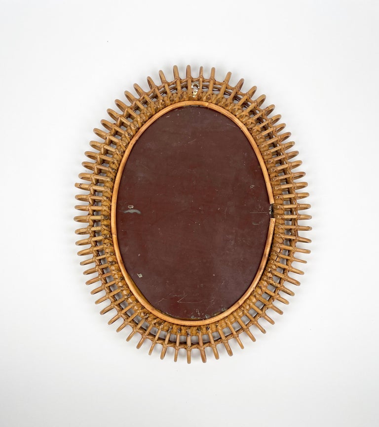 Midcentury Rattan & Bamboo Oval Wall Mirror, Italy, 1960s For Sale 3