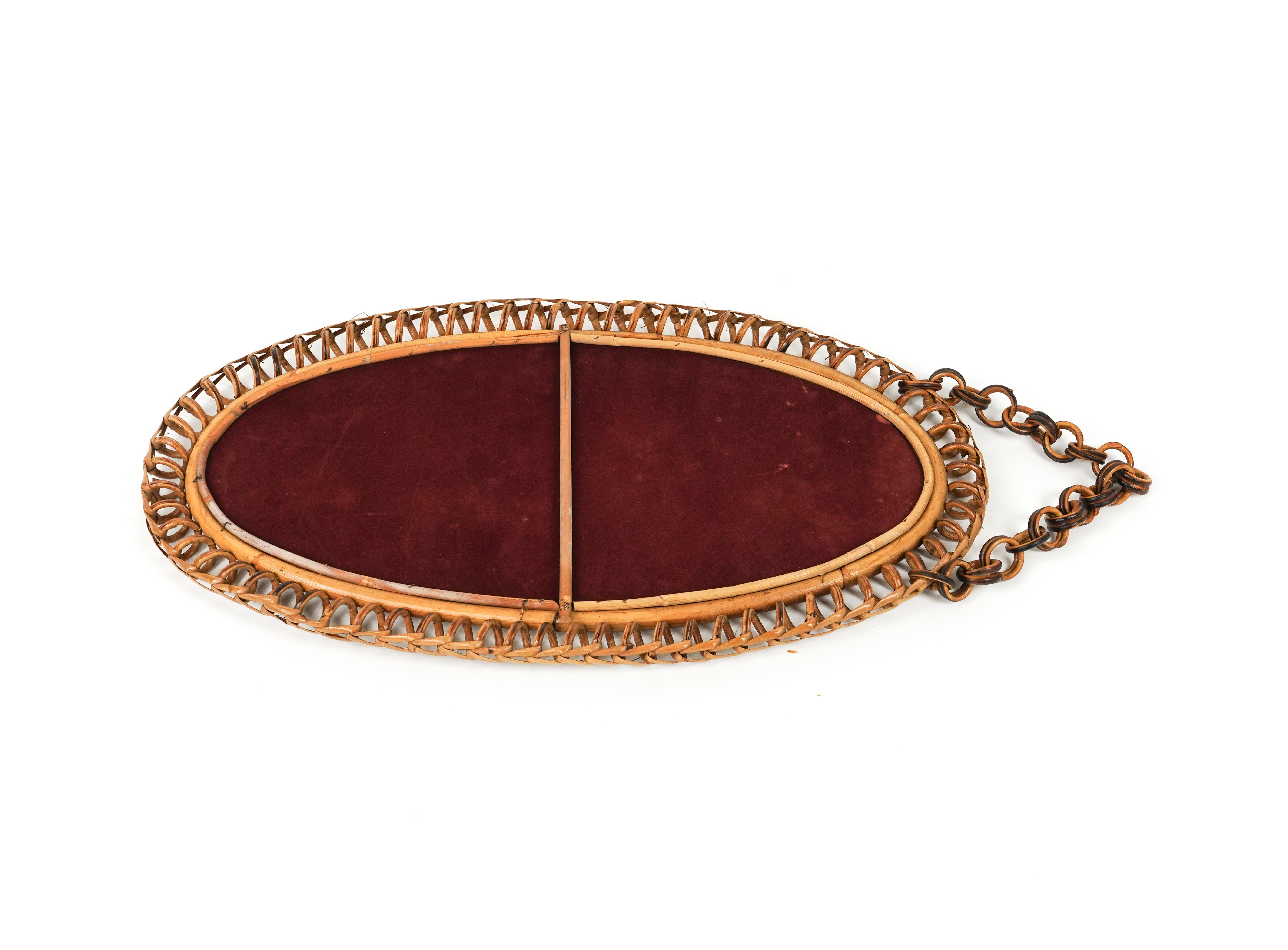 Midcentury Rattan & Bamboo Oval Wall Mirror with Chain, Italy 1960s For Sale 8