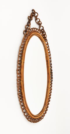 Midcentury Rattan & Bamboo Oval Wall Mirror with Chain, Italy 1960s