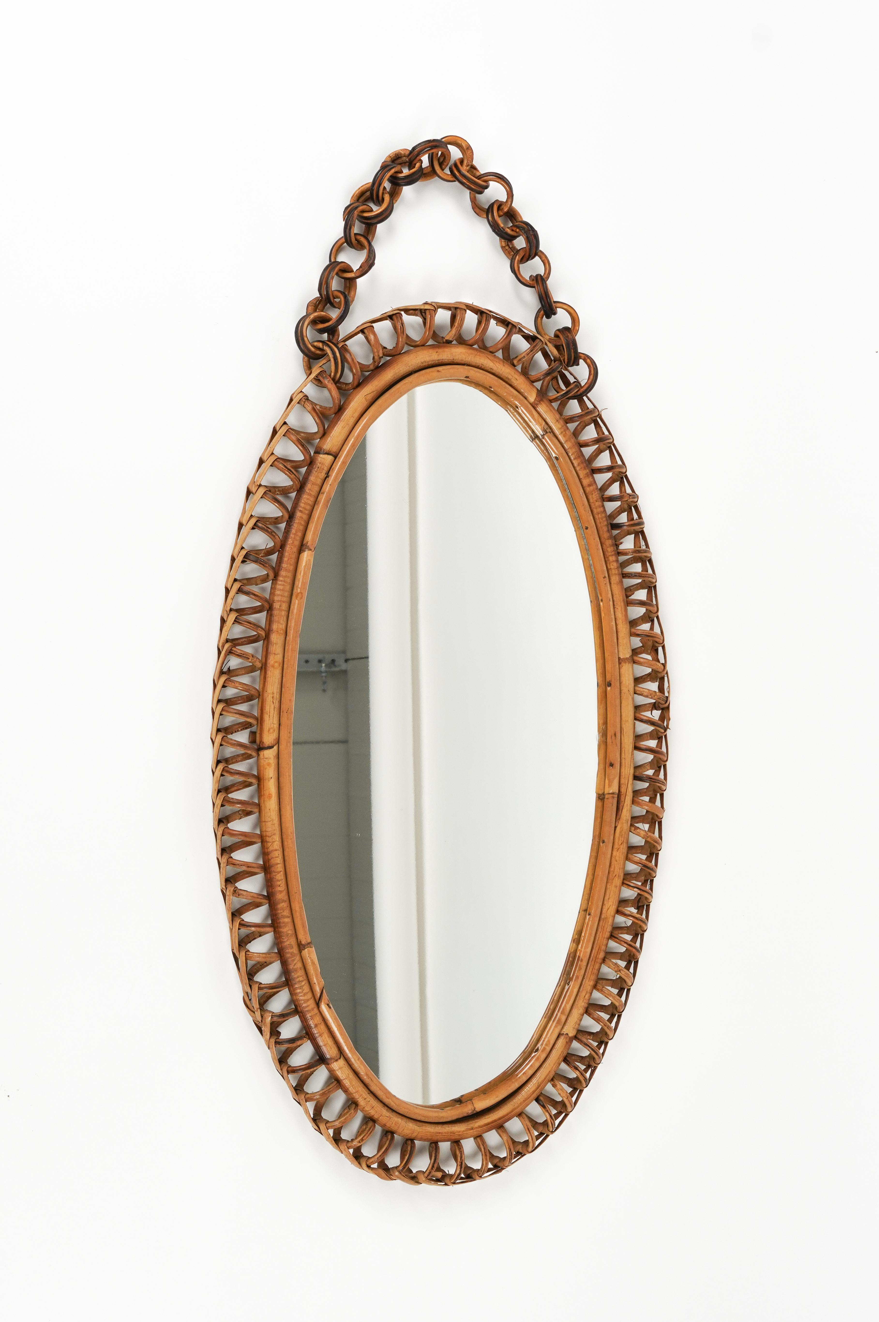 Mid-Century Modern Midcentury Rattan & Bamboo Oval Wall Mirror with Chain, Italy 1960s For Sale