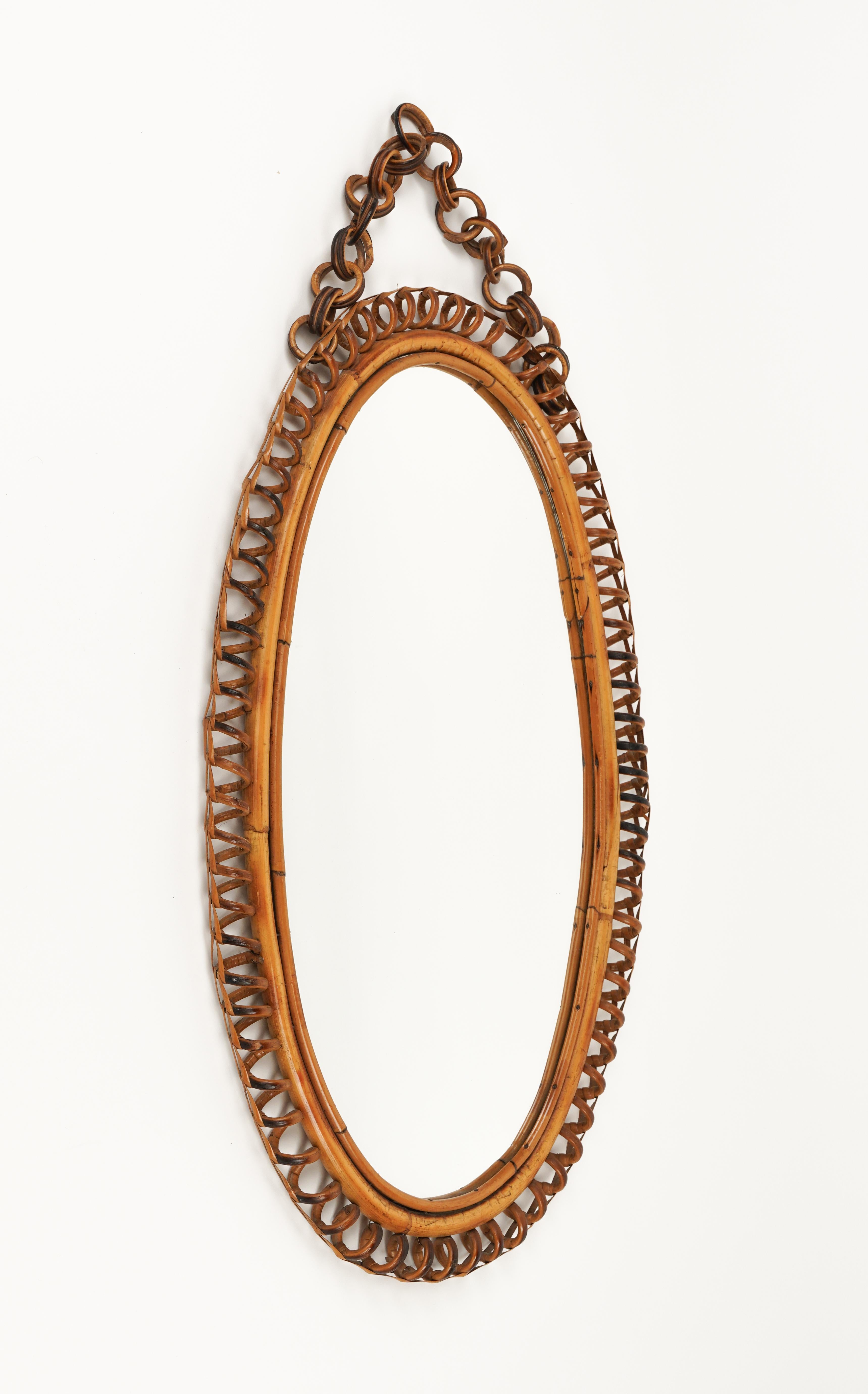 Mid-Century Modern Midcentury Rattan & Bamboo Oval Wall Mirror with Chain, Italy 1960s For Sale