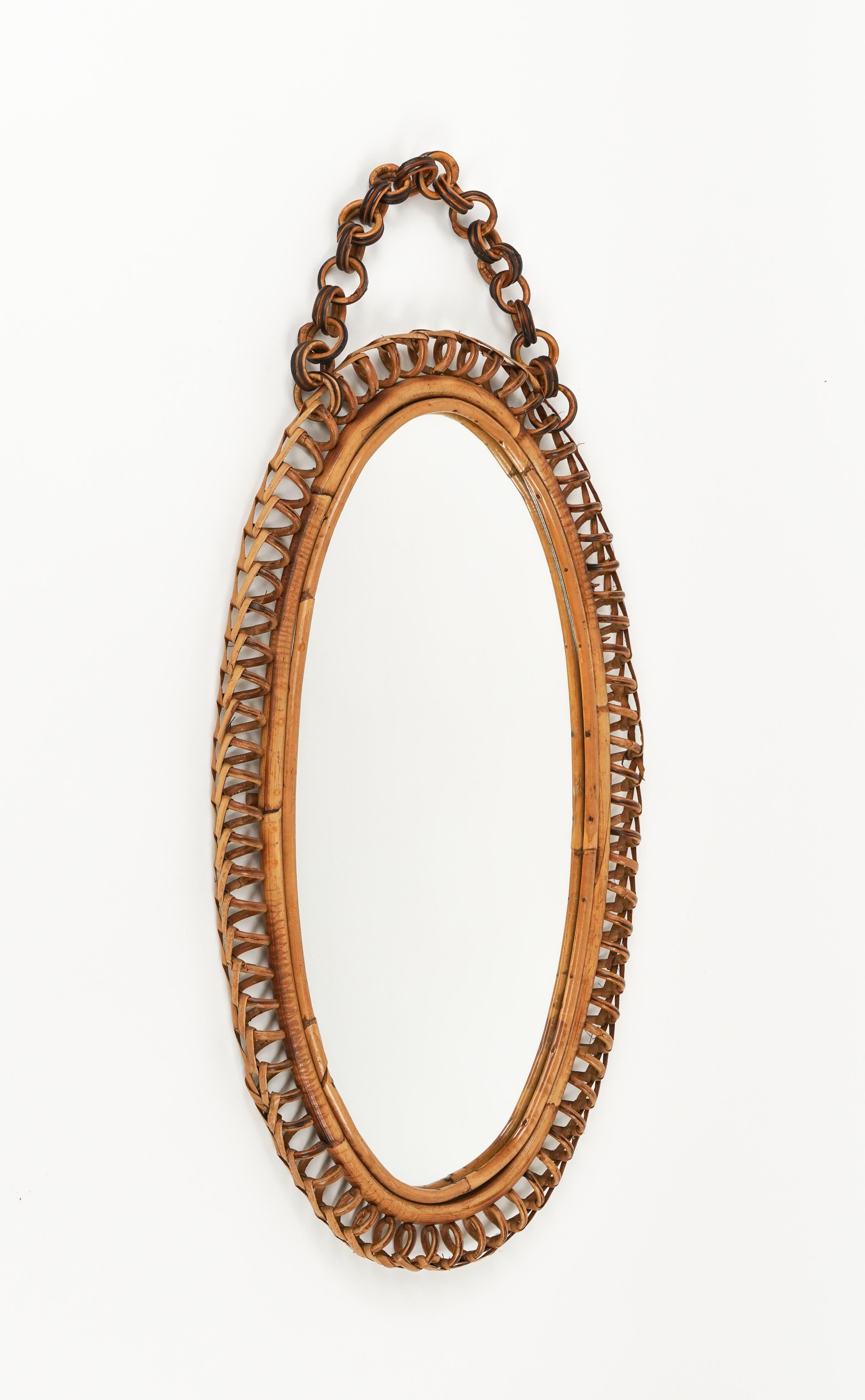 Italian Midcentury Rattan & Bamboo Oval Wall Mirror with Chain, Italy 1960s For Sale