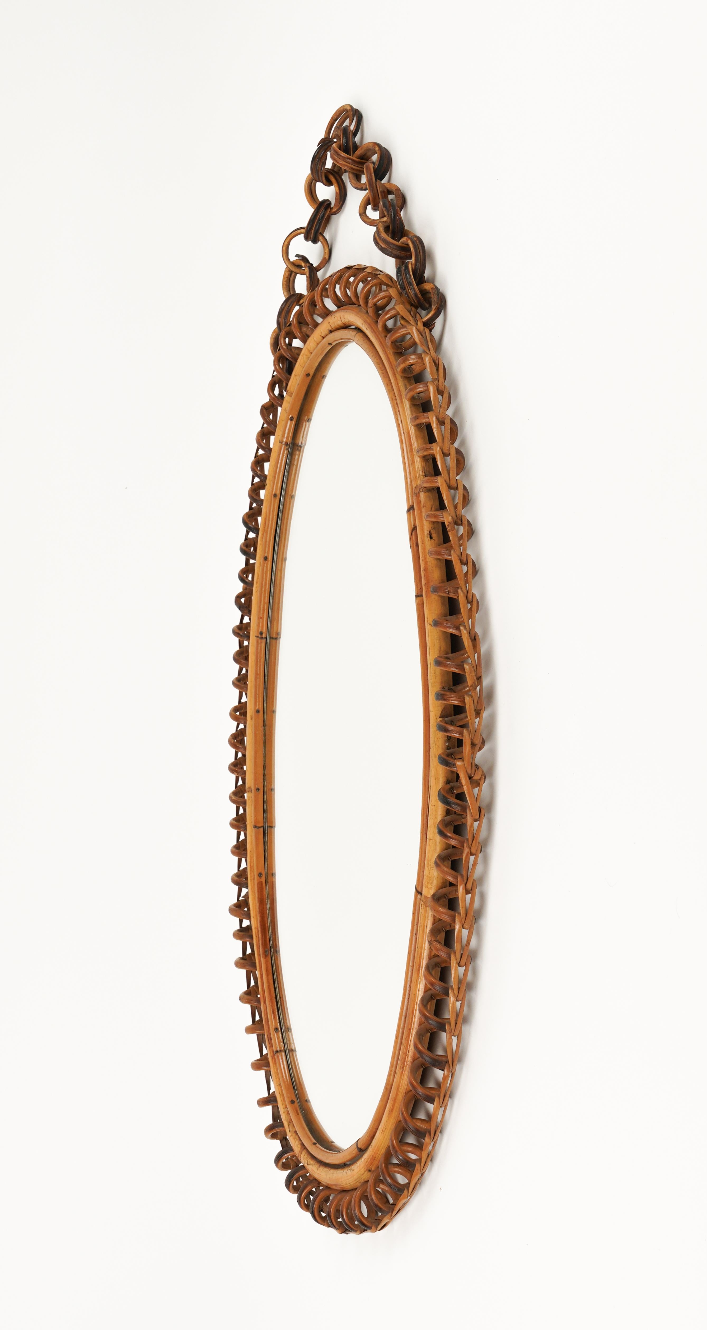 Mid-20th Century Midcentury Rattan & Bamboo Oval Wall Mirror with Chain, Italy 1960s For Sale