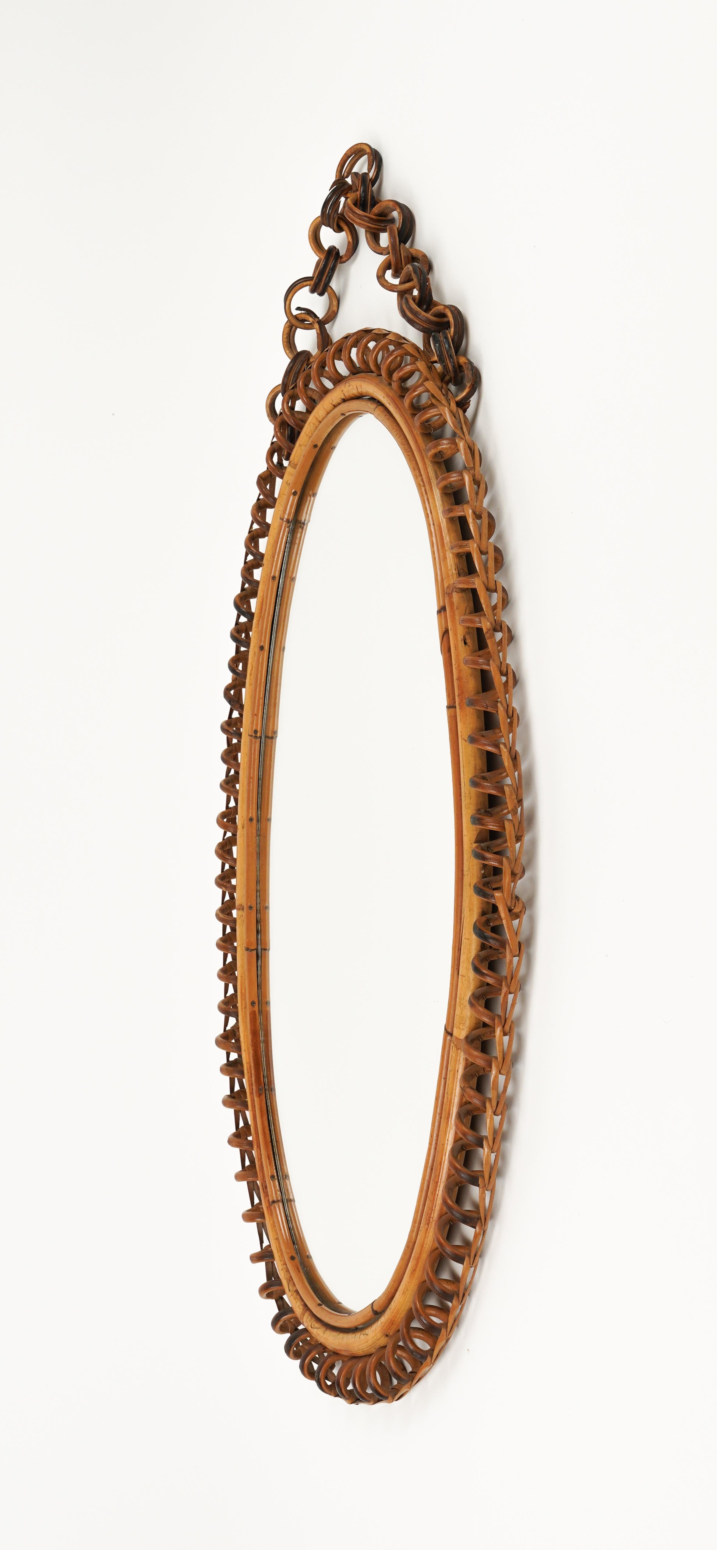 Midcentury Rattan & Bamboo Oval Wall Mirror with Chain, Italy 1960s For Sale 1