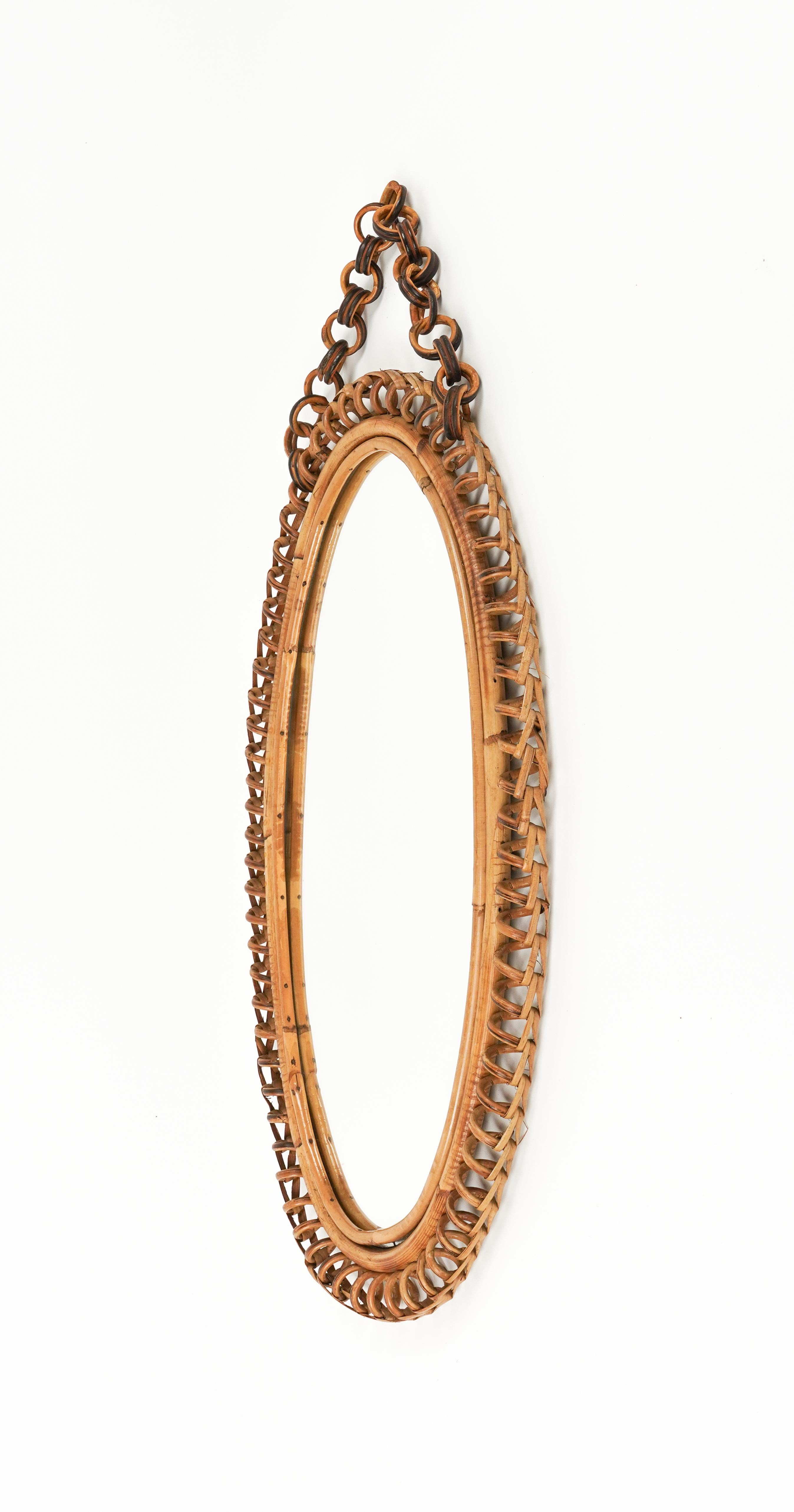 Midcentury Rattan & Bamboo Oval Wall Mirror with Chain, Italy 1960s For Sale 2