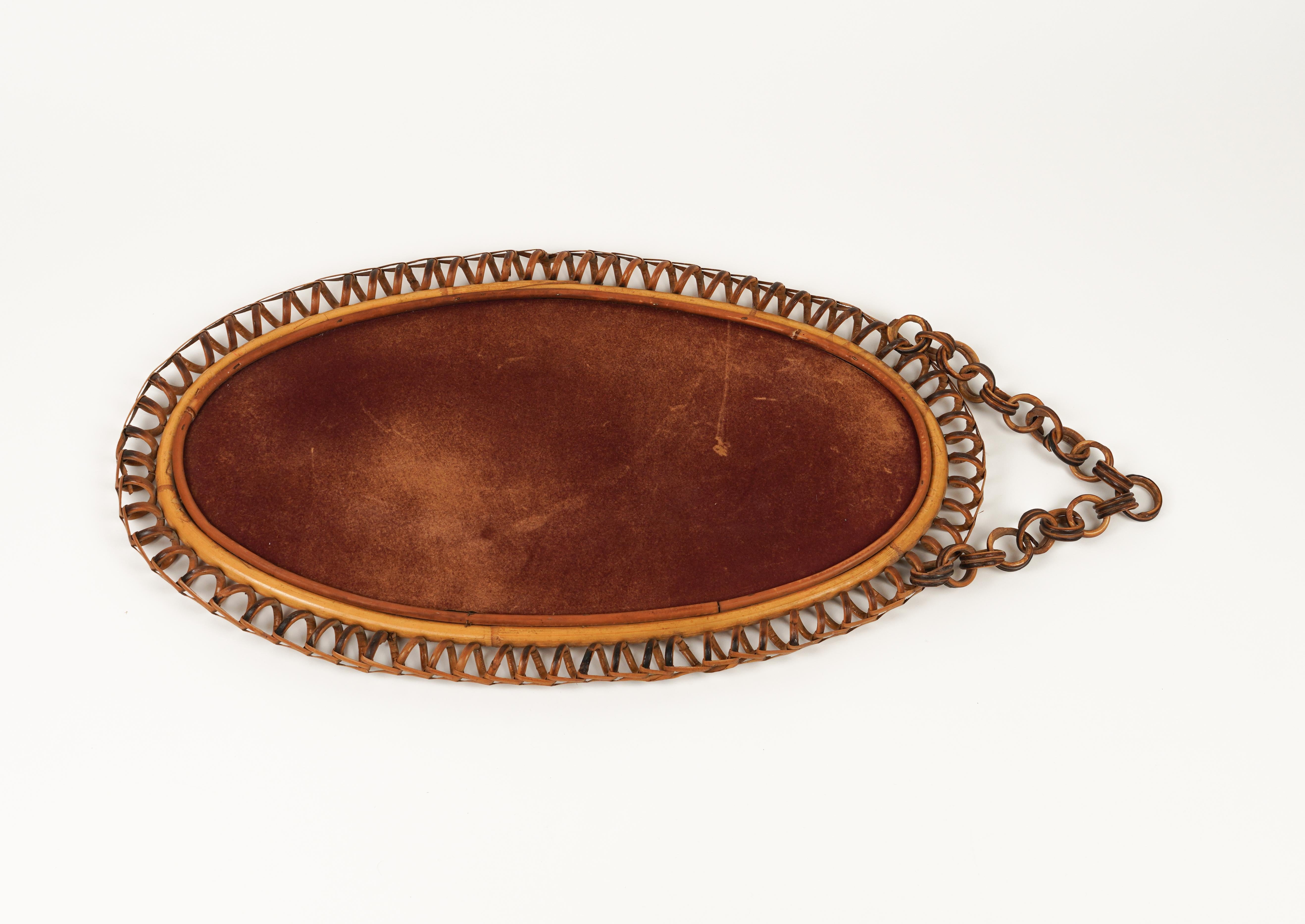 Midcentury Rattan & Bamboo Oval Wall Mirror with Chain, Italy 1960s For Sale 3