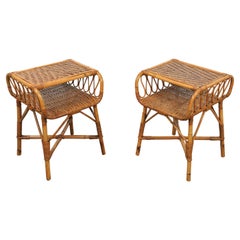 Midcentury Rattan & Bamboo Pair of Side Tables Franco Albini Style, Italy 1960s