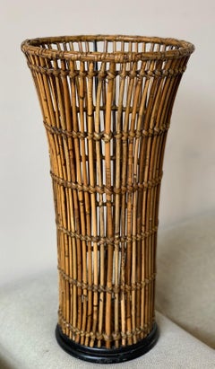 Midcentury Rattan Bamboo Paper Bin, Cachepots, Planter or Umbrella Stand, 1950s
