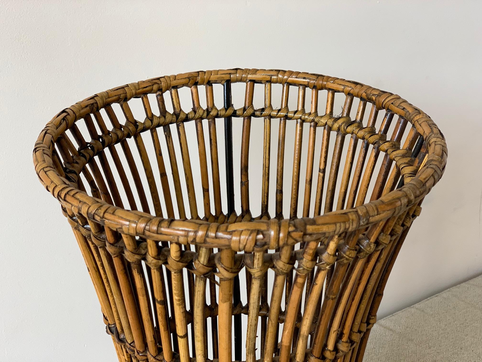 Midcentury Rattan Bamboo Paper Bin, Cachepots, Planter or Umbrella Stand, 1950s 1