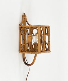 Midcentury Rattan & Bamboo Sconce "Lantern" Louis Sognot Style, Italy 1960s