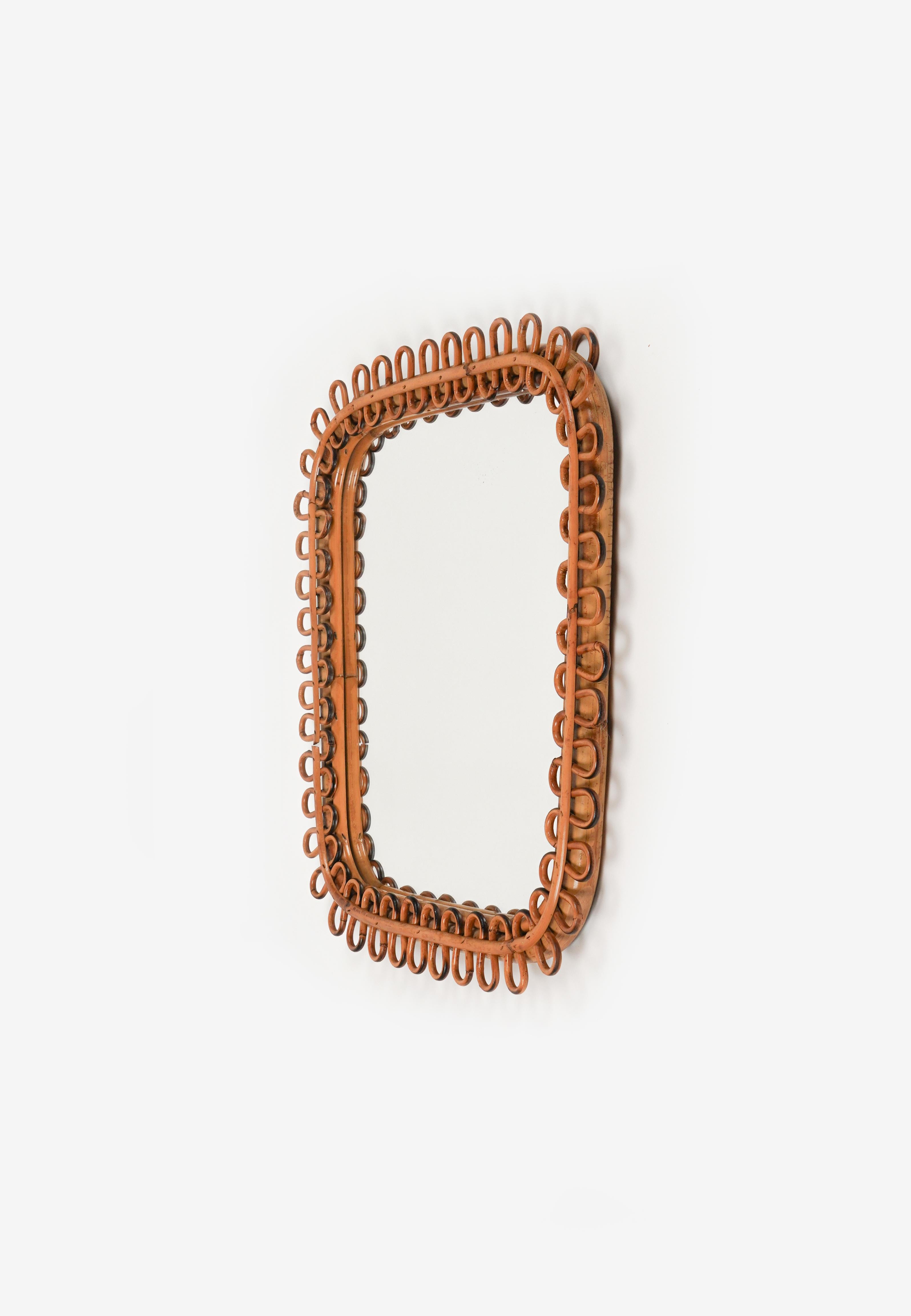 Midcentury Rattan & Bamboo Square Wall Mirror Franco Albini Style, Italy 1960s For Sale 5