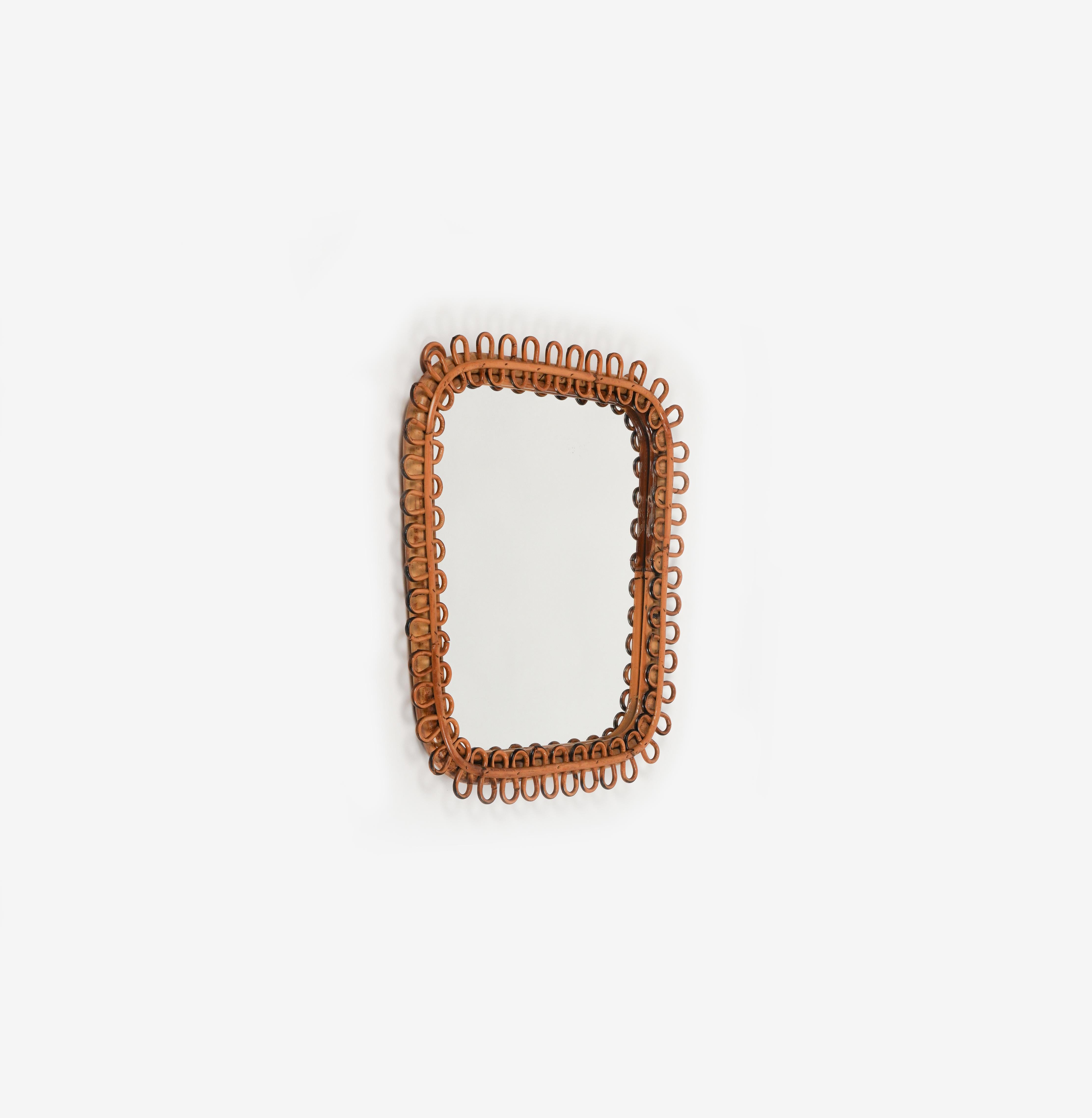 Italian Midcentury Rattan & Bamboo Square Wall Mirror Franco Albini Style, Italy 1960s For Sale