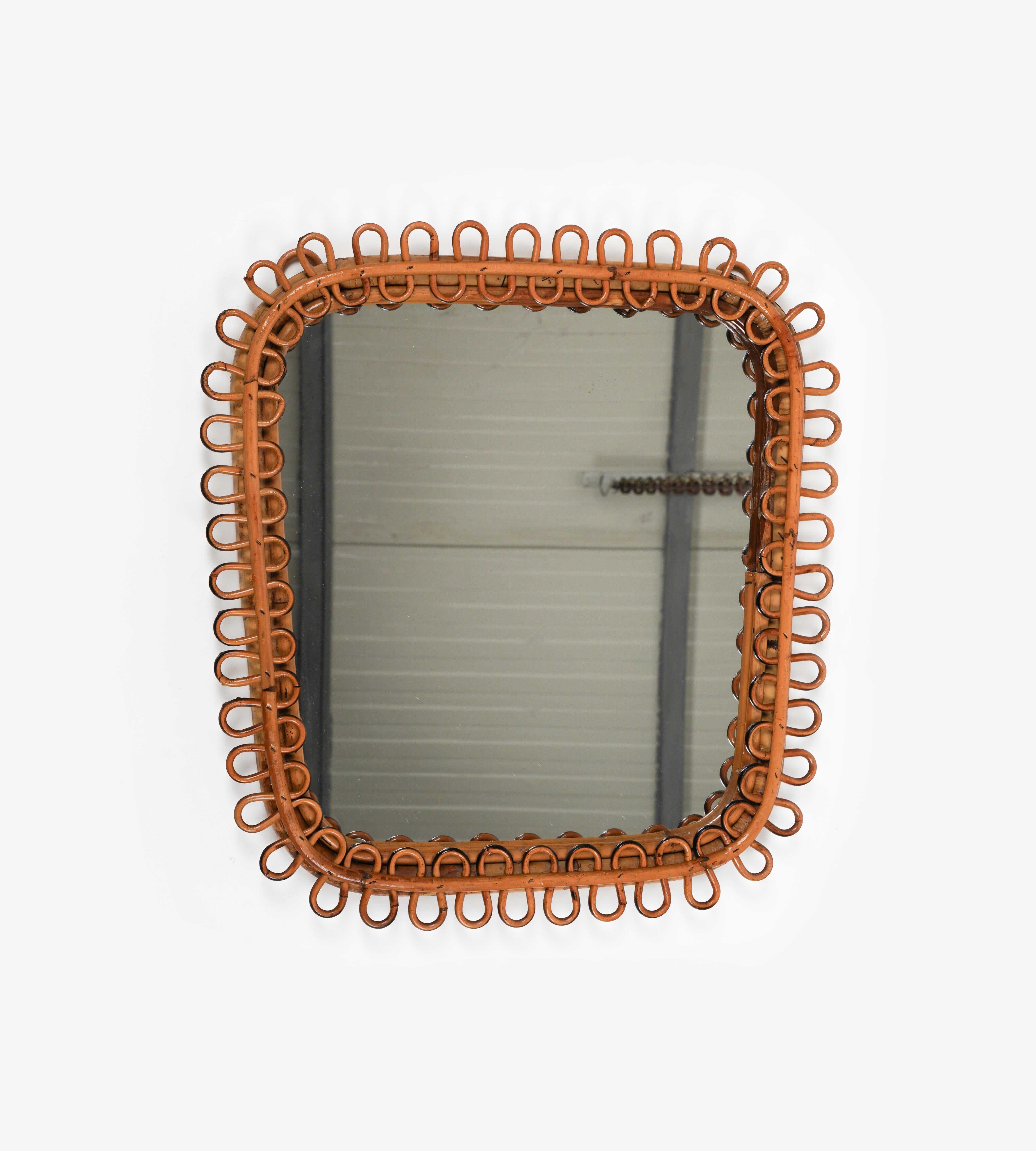 Mid-20th Century Midcentury Rattan & Bamboo Square Wall Mirror Franco Albini Style, Italy 1960s For Sale