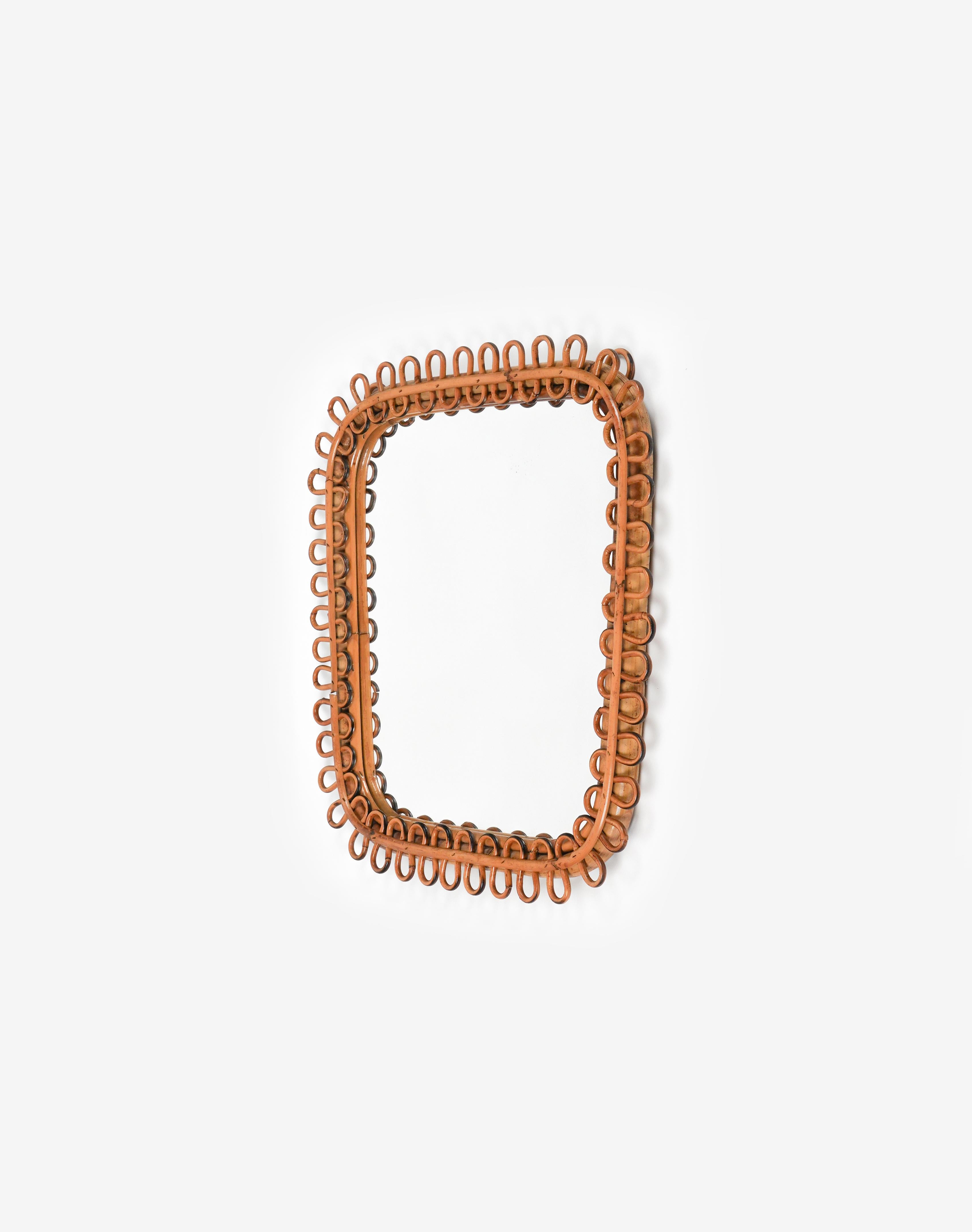 Midcentury Rattan & Bamboo Square Wall Mirror Franco Albini Style, Italy 1960s For Sale 2