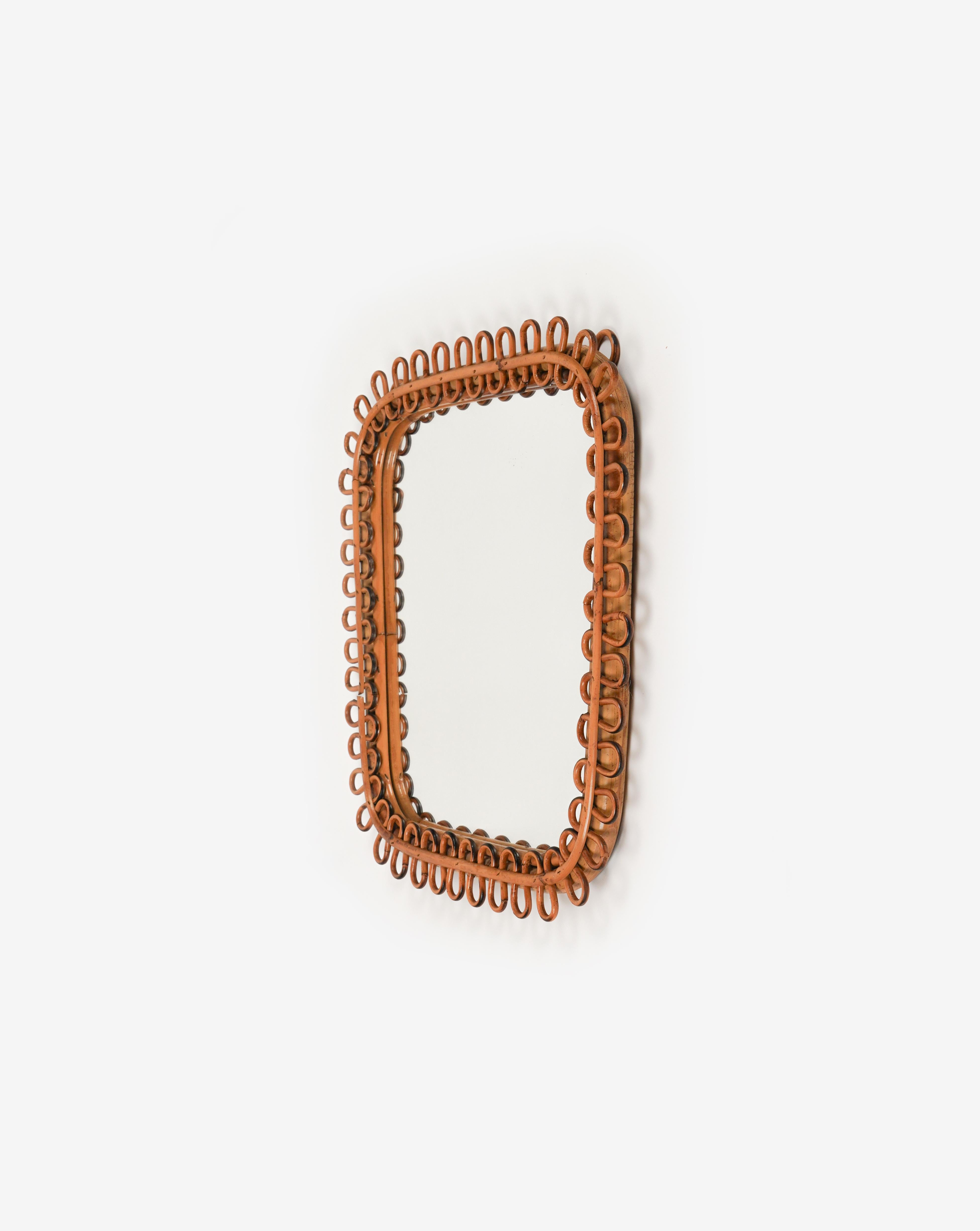 Midcentury Rattan & Bamboo Square Wall Mirror Franco Albini Style, Italy 1960s For Sale 3