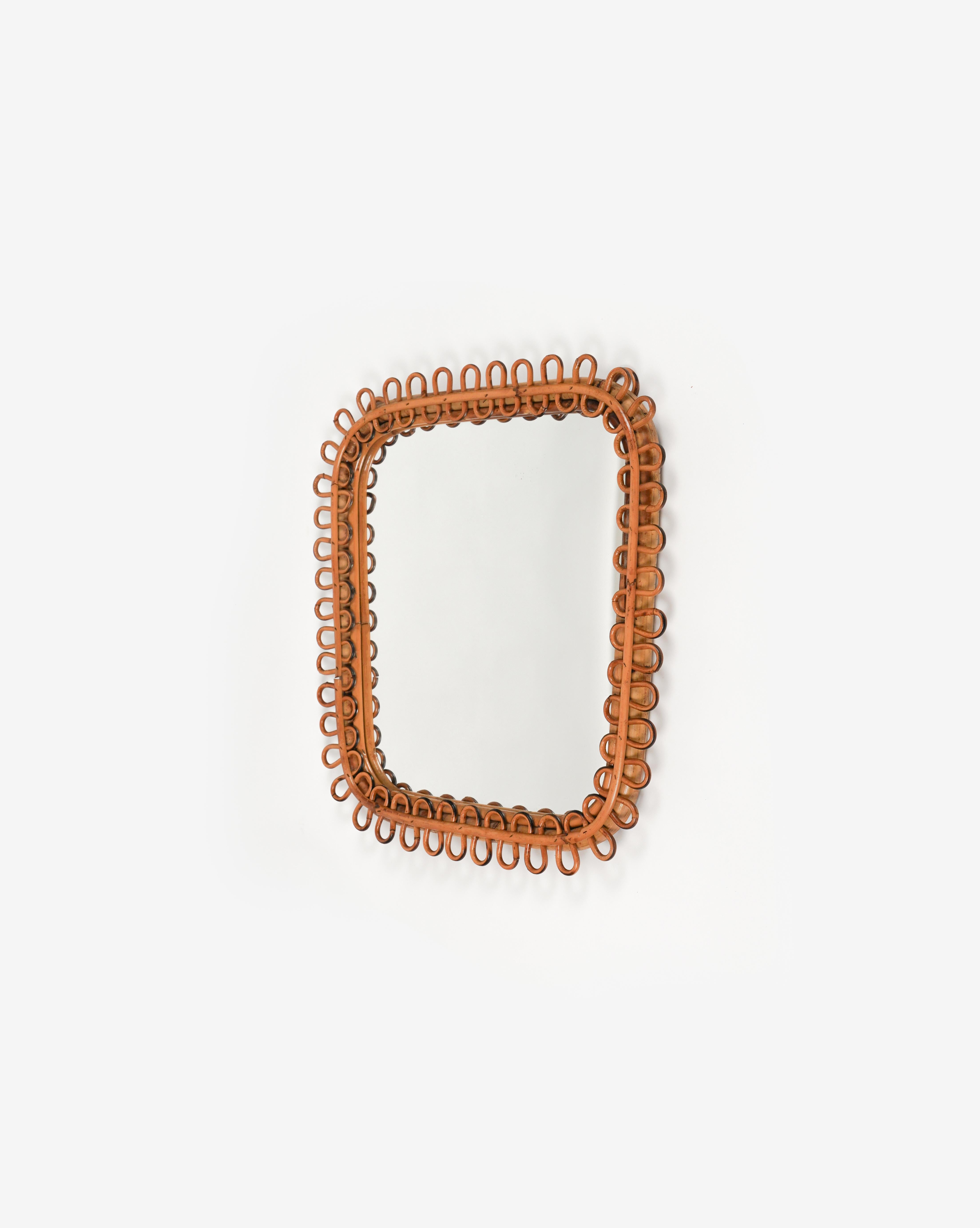 Midcentury Rattan & Bamboo Square Wall Mirror Franco Albini Style, Italy 1960s For Sale 4