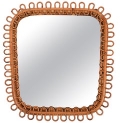 Midcentury Rattan & Bamboo Square Wall Mirror Franco Albini Style, Italy 1960s