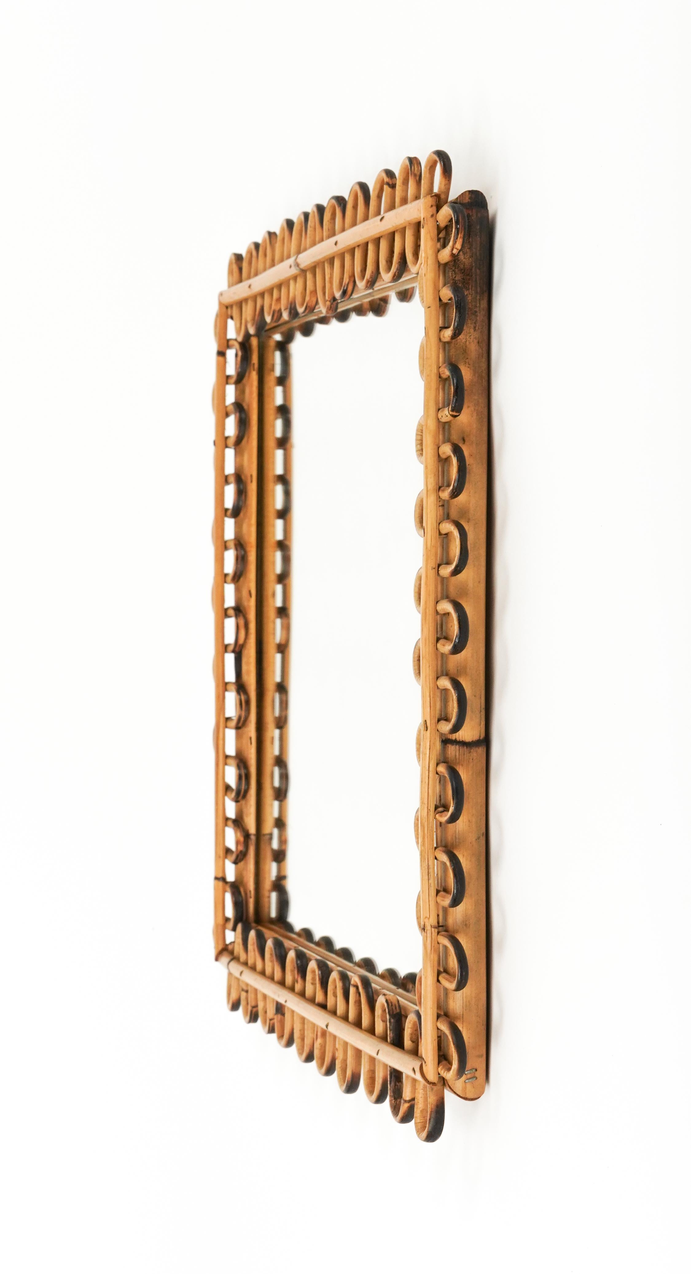 Midcentury Rattan & Bamboo Squared Wall Mirror Franco Albini Style, Italy 1960s For Sale 4