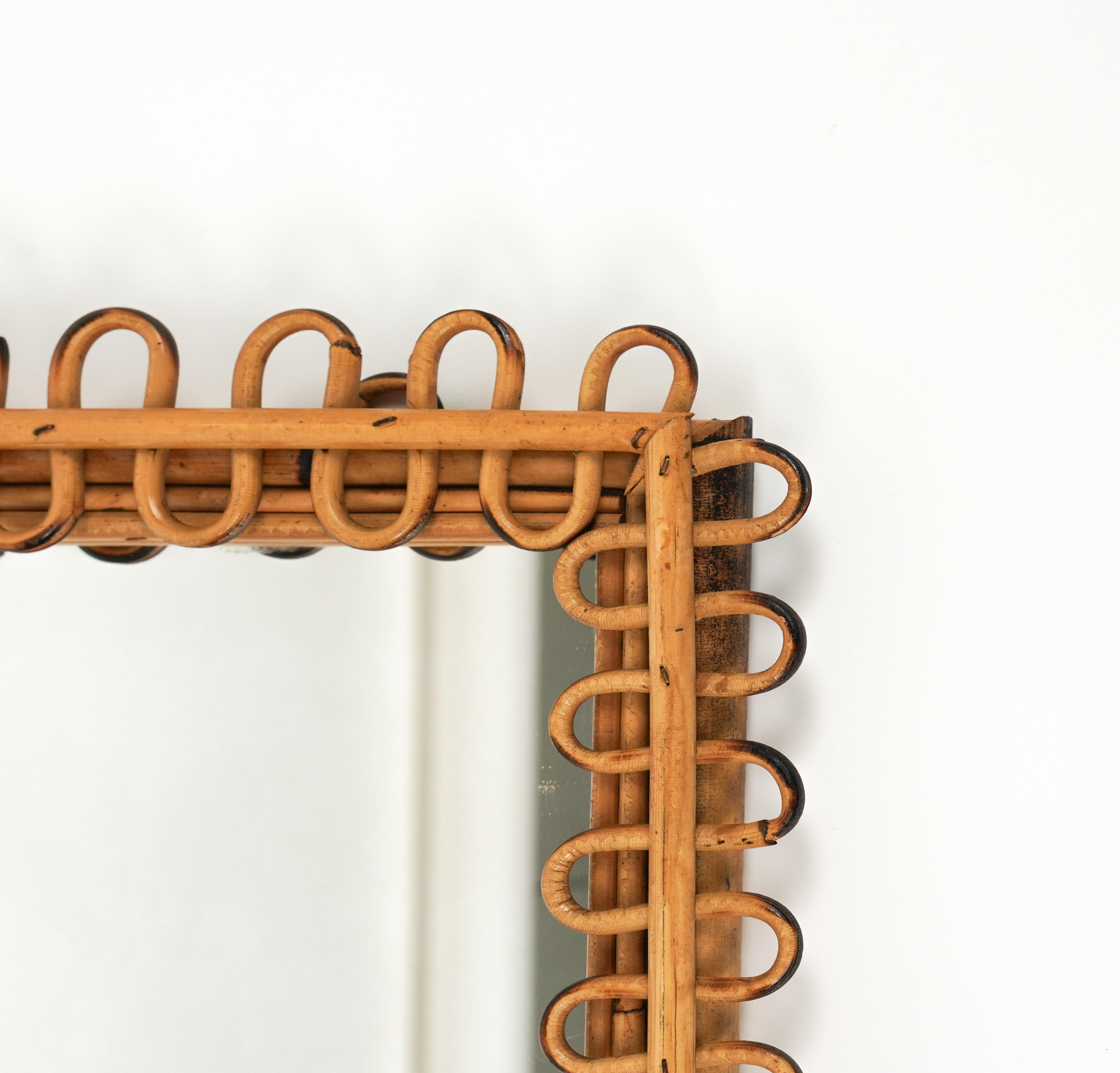 Midcentury Rattan & Bamboo Squared Wall Mirror Franco Albini Style, Italy 1960s For Sale 6