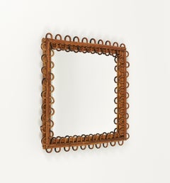 Midcentury Rattan & Bamboo Squared Wall Mirror Franco Albini Style, Italy 1960s