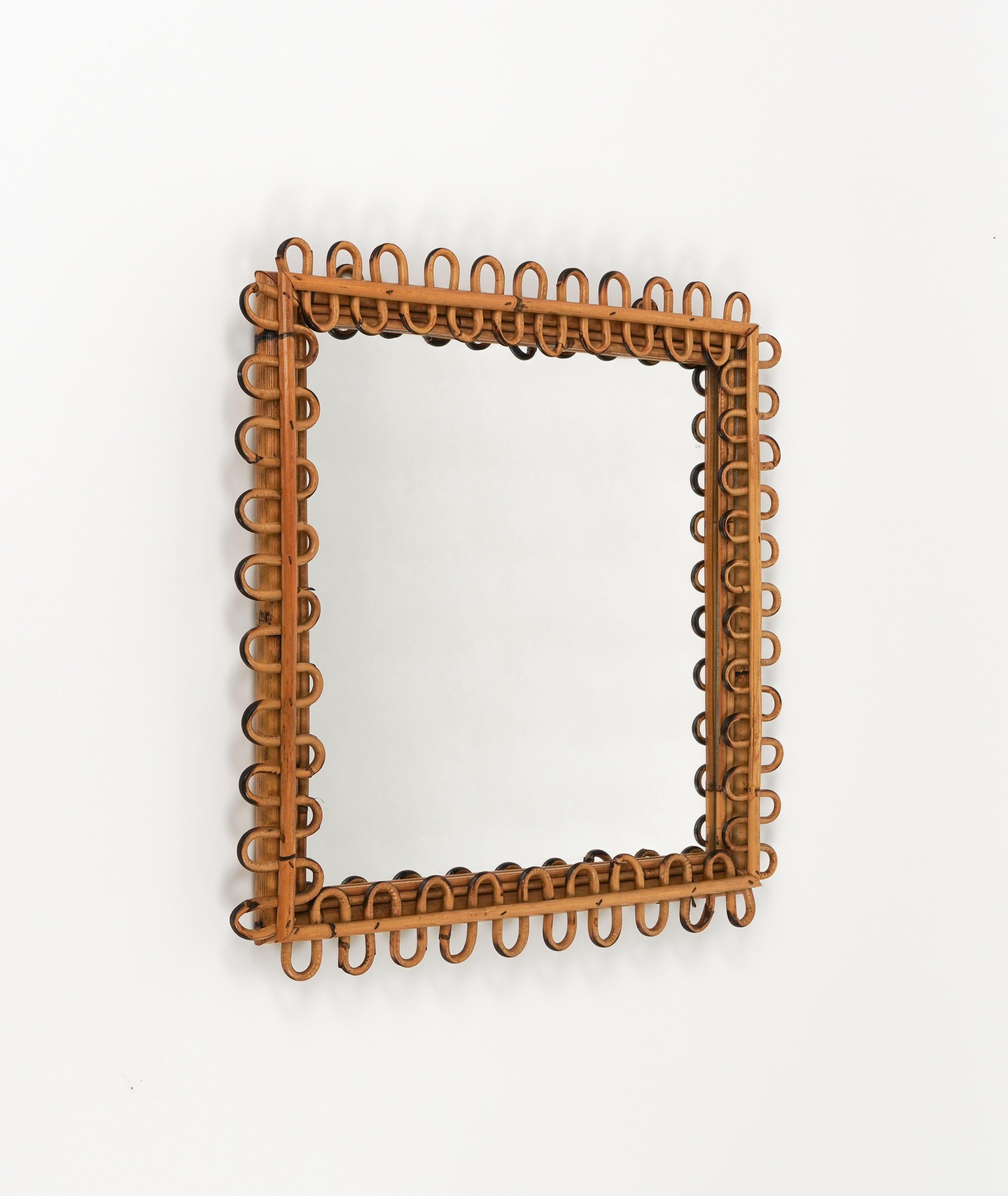 Mid-Century Modern Midcentury Rattan & Bamboo Squared Wall Mirror Franco Albini Style, Italy 1960s For Sale