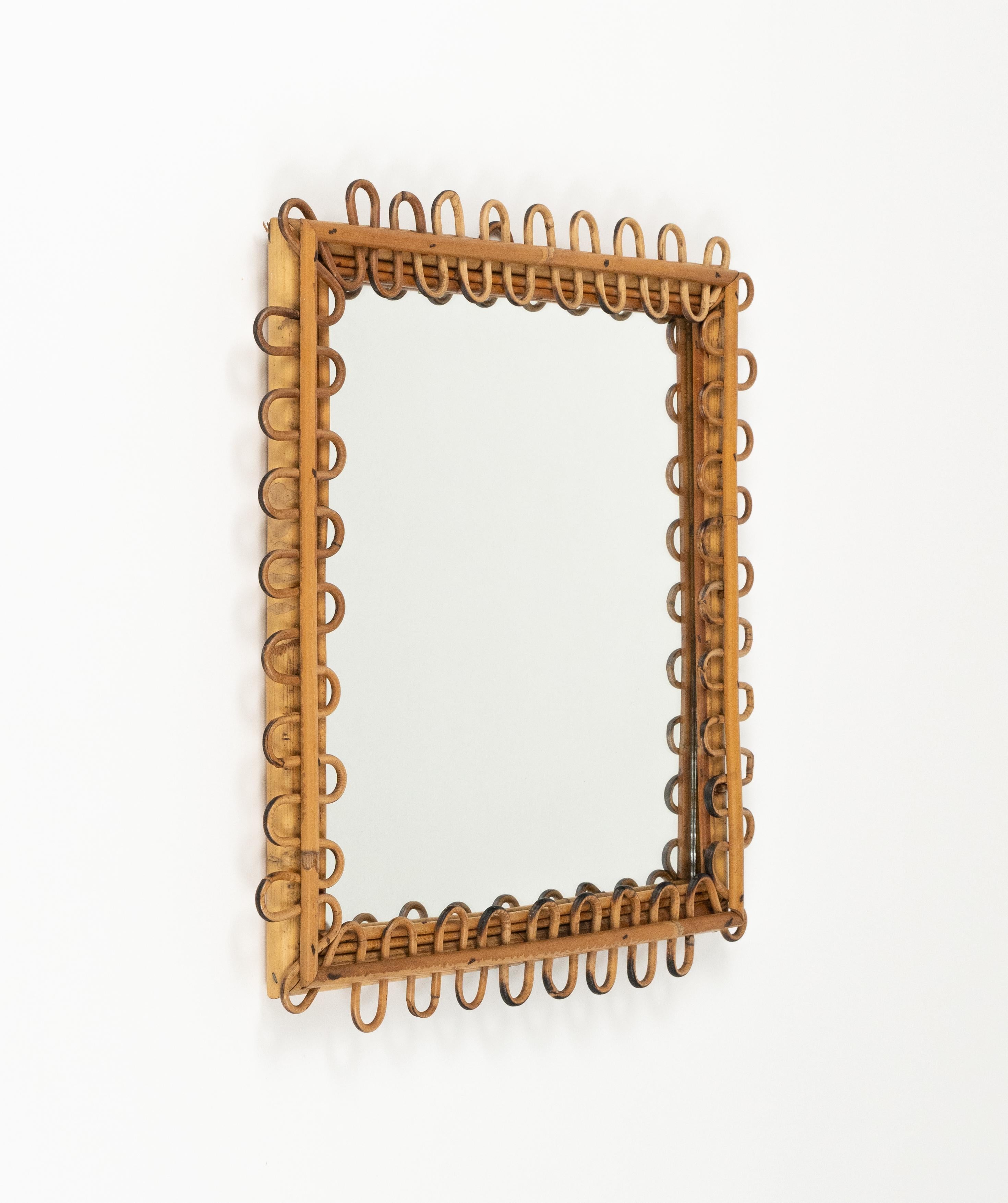 Mid-Century Modern Midcentury Rattan & Bamboo Squared Wall Mirror Franco Albini Style, Italy 1960s For Sale