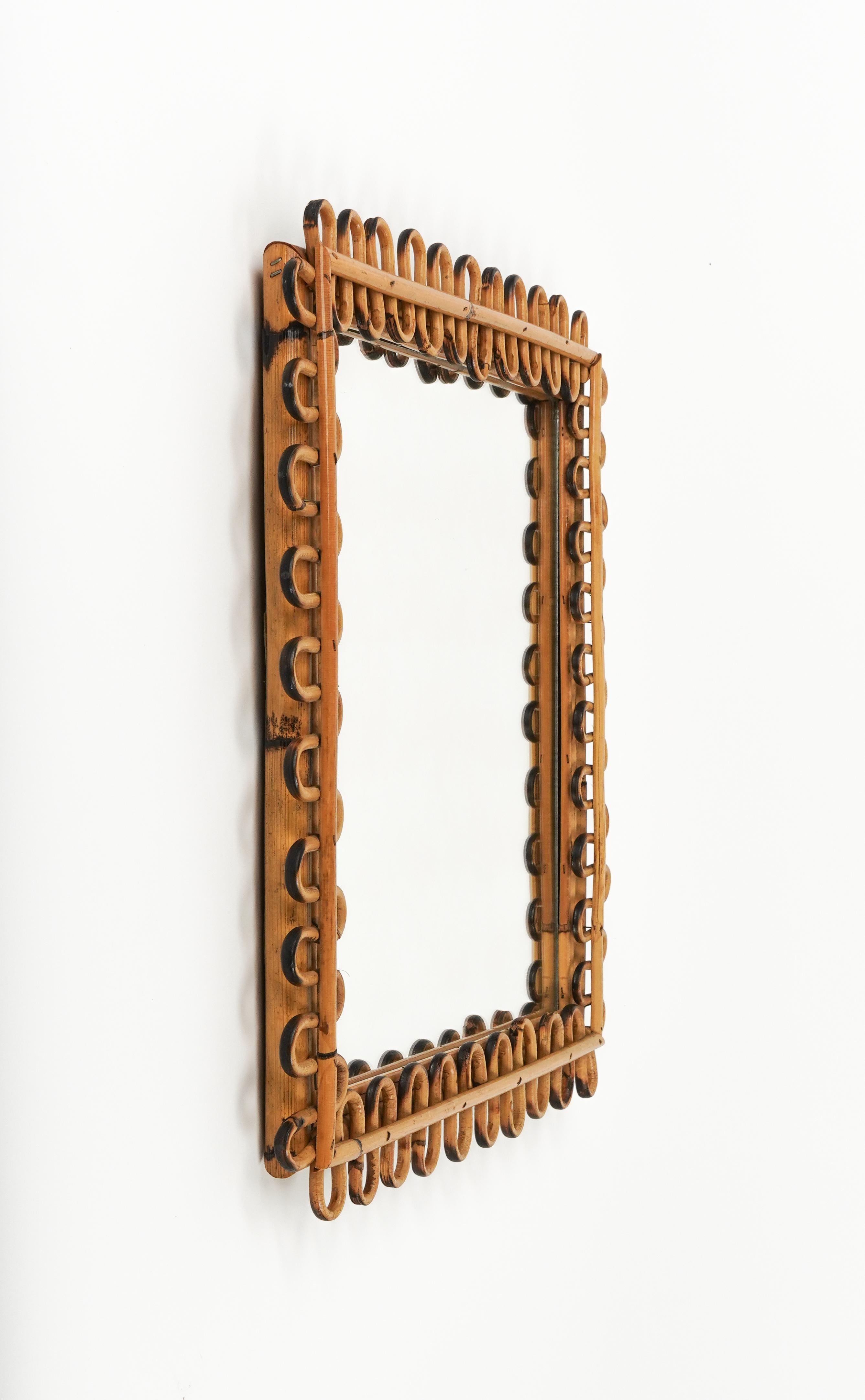 Italian Midcentury Rattan & Bamboo Squared Wall Mirror Franco Albini Style, Italy 1960s For Sale