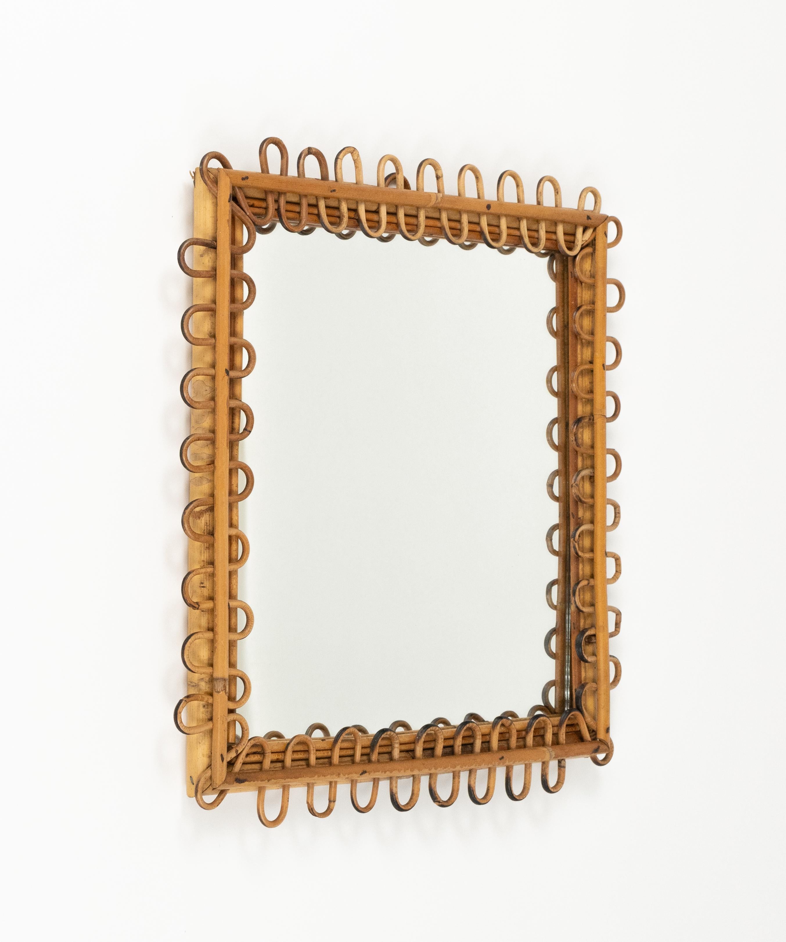 Italian Midcentury Rattan & Bamboo Squared Wall Mirror Franco Albini Style, Italy 1960s For Sale
