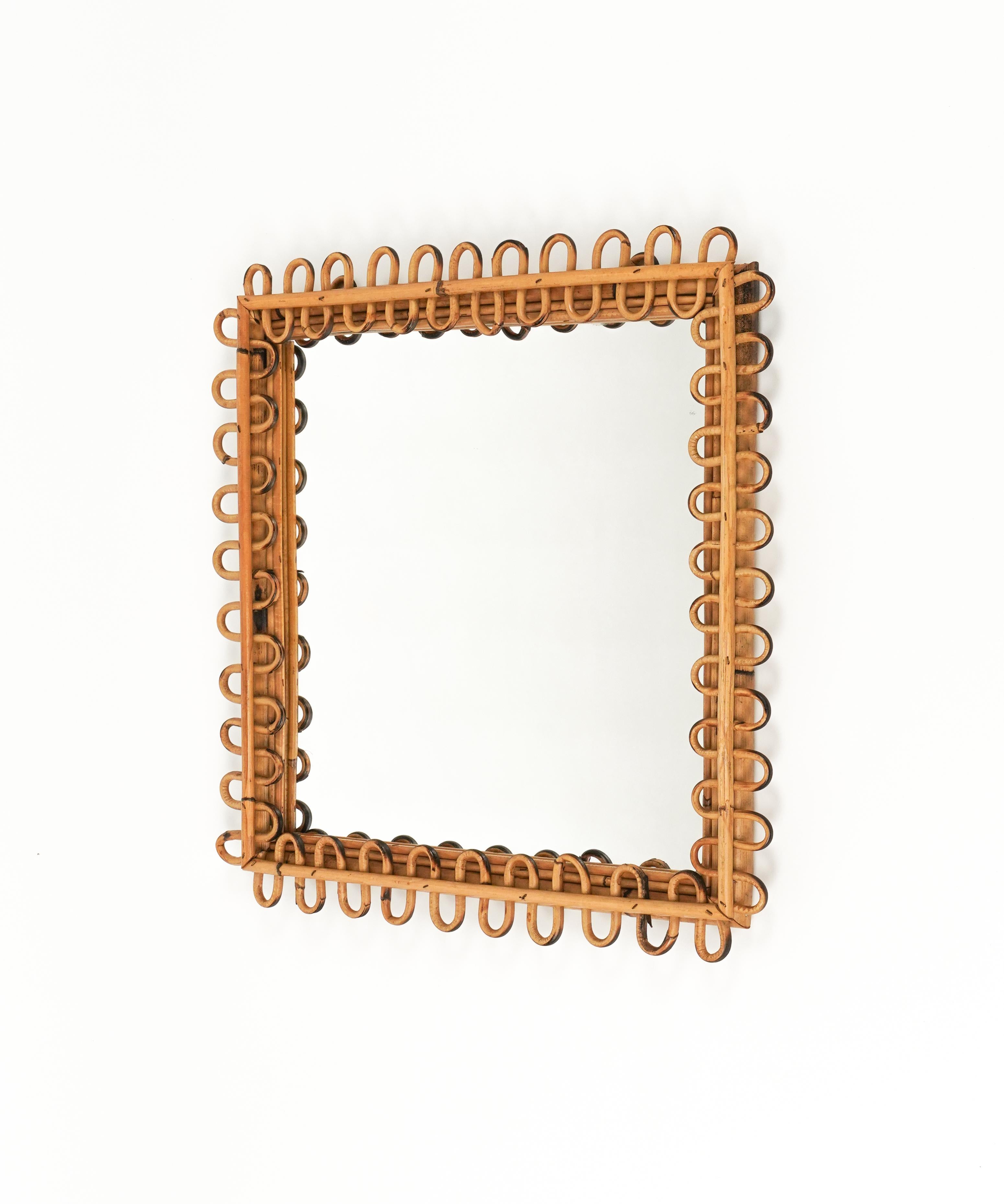 Midcentury Rattan & Bamboo Squared Wall Mirror Franco Albini Style, Italy 1960s In Good Condition For Sale In Rome, IT