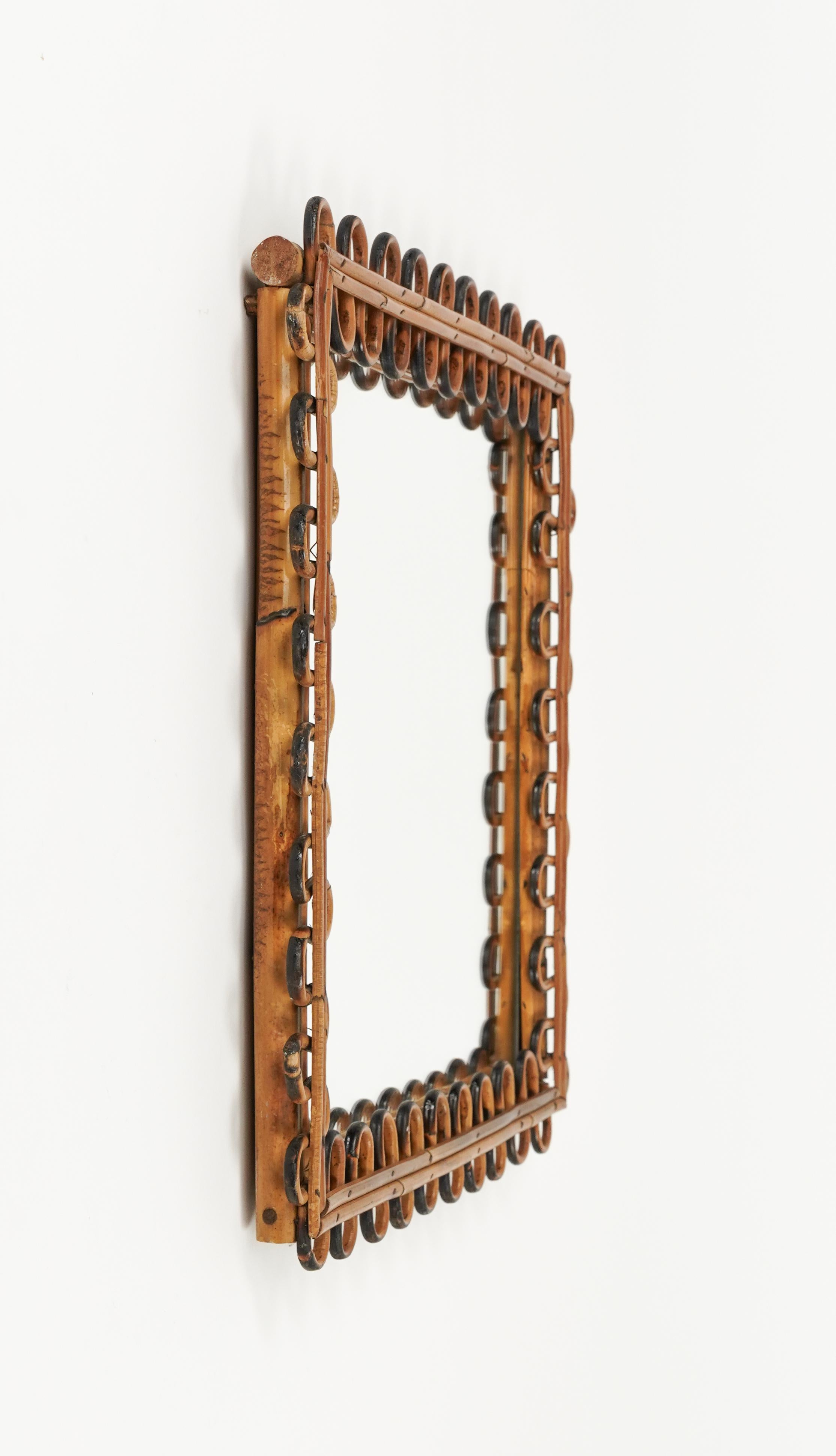 Midcentury Rattan & Bamboo Squared Wall Mirror Franco Albini Style, Italy 1960s In Good Condition For Sale In Rome, IT