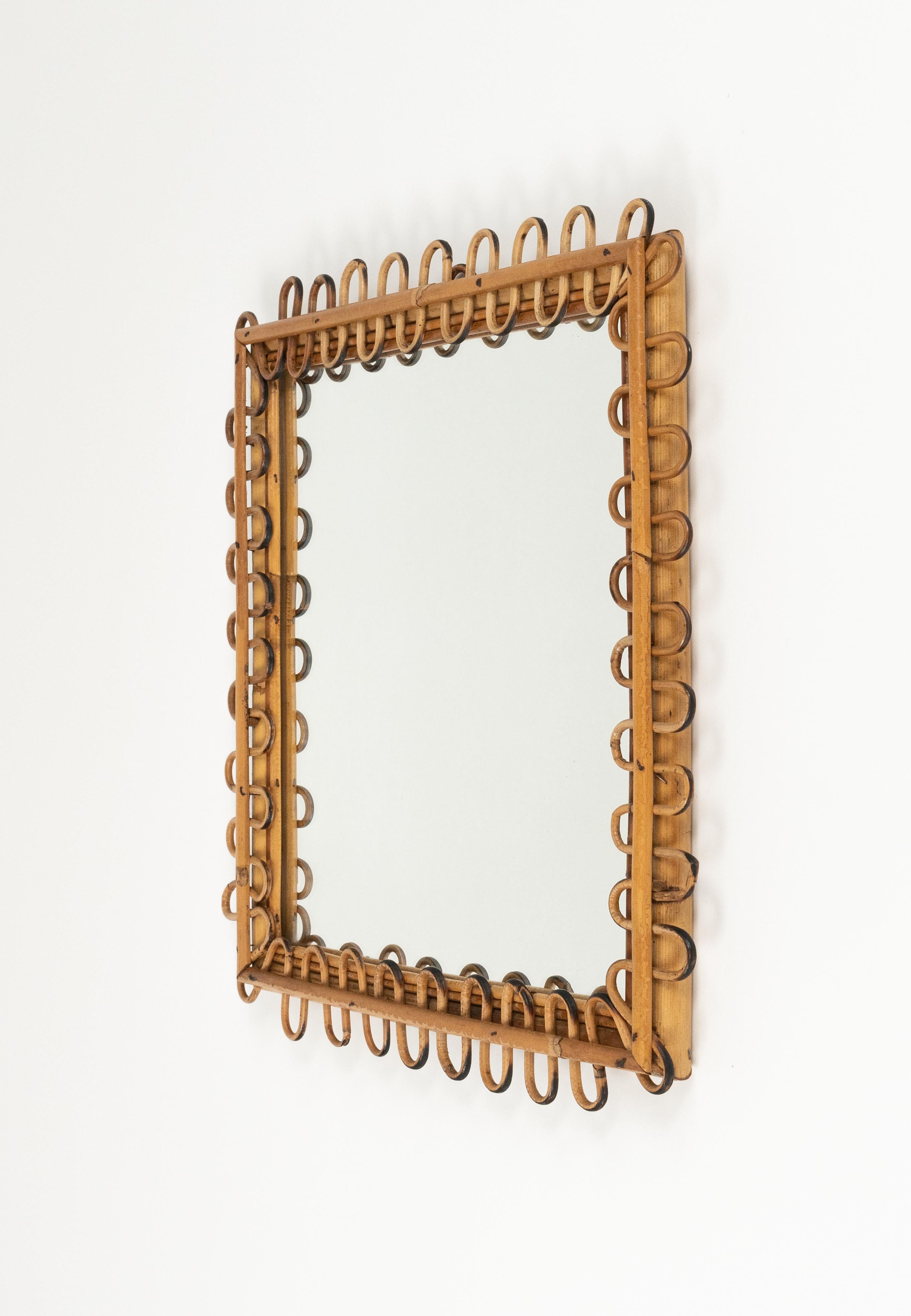 Hand-Crafted Midcentury Rattan & Bamboo Squared Wall Mirror Franco Albini Style, Italy 1960s For Sale