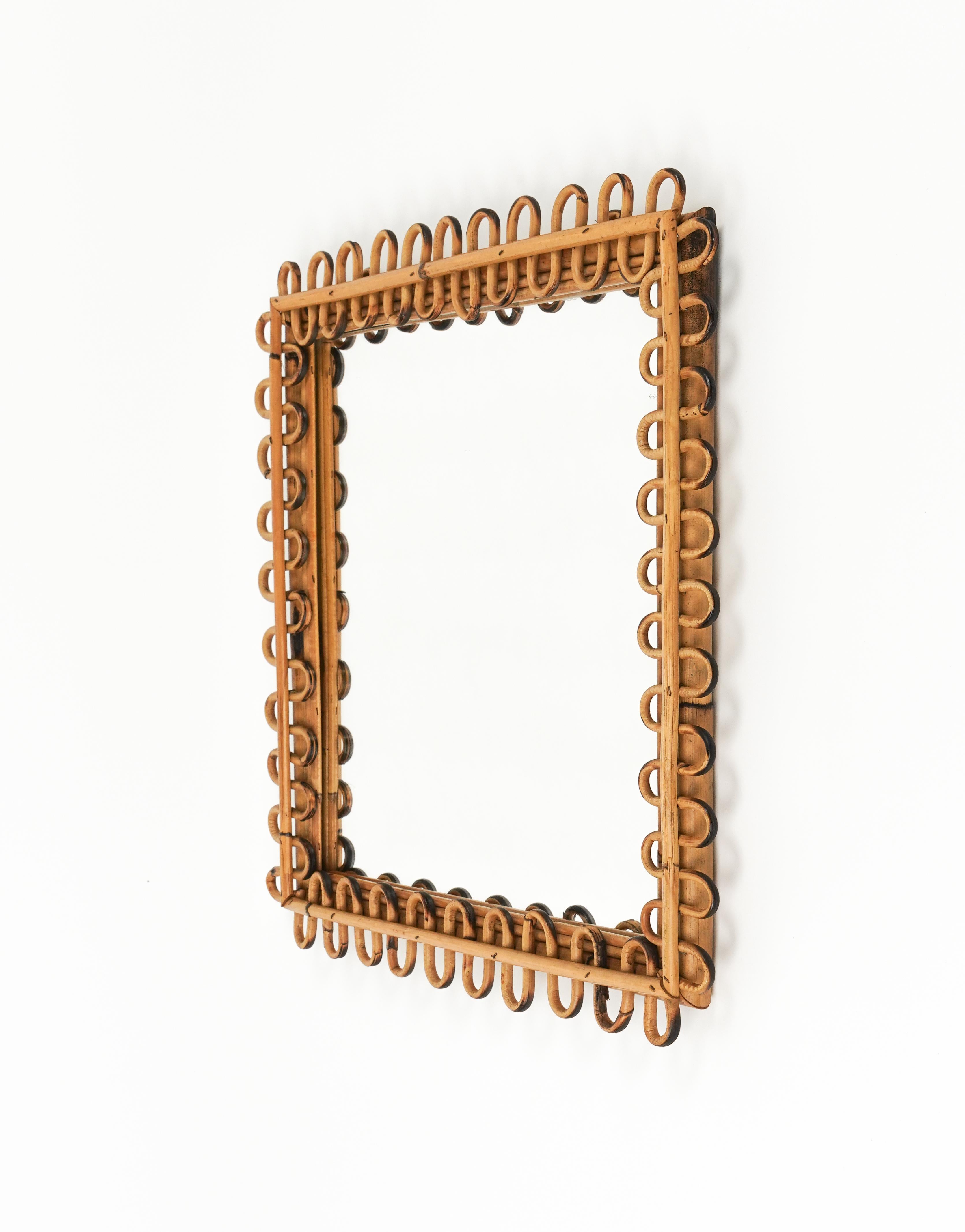 Mid-20th Century Midcentury Rattan & Bamboo Squared Wall Mirror Franco Albini Style, Italy 1960s For Sale