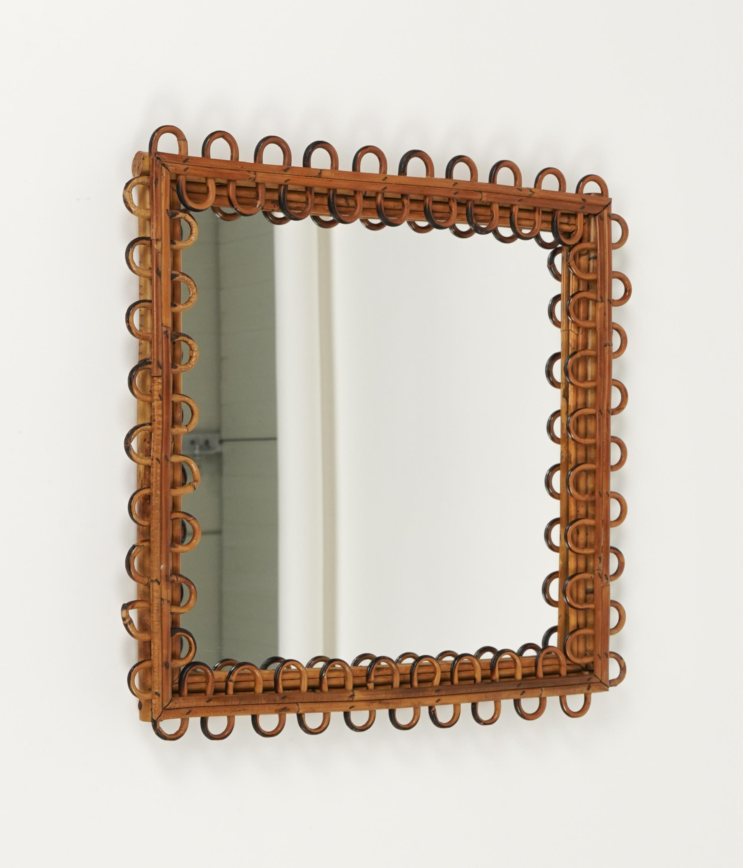 Mid-20th Century Midcentury Rattan & Bamboo Squared Wall Mirror Franco Albini Style, Italy 1960s For Sale