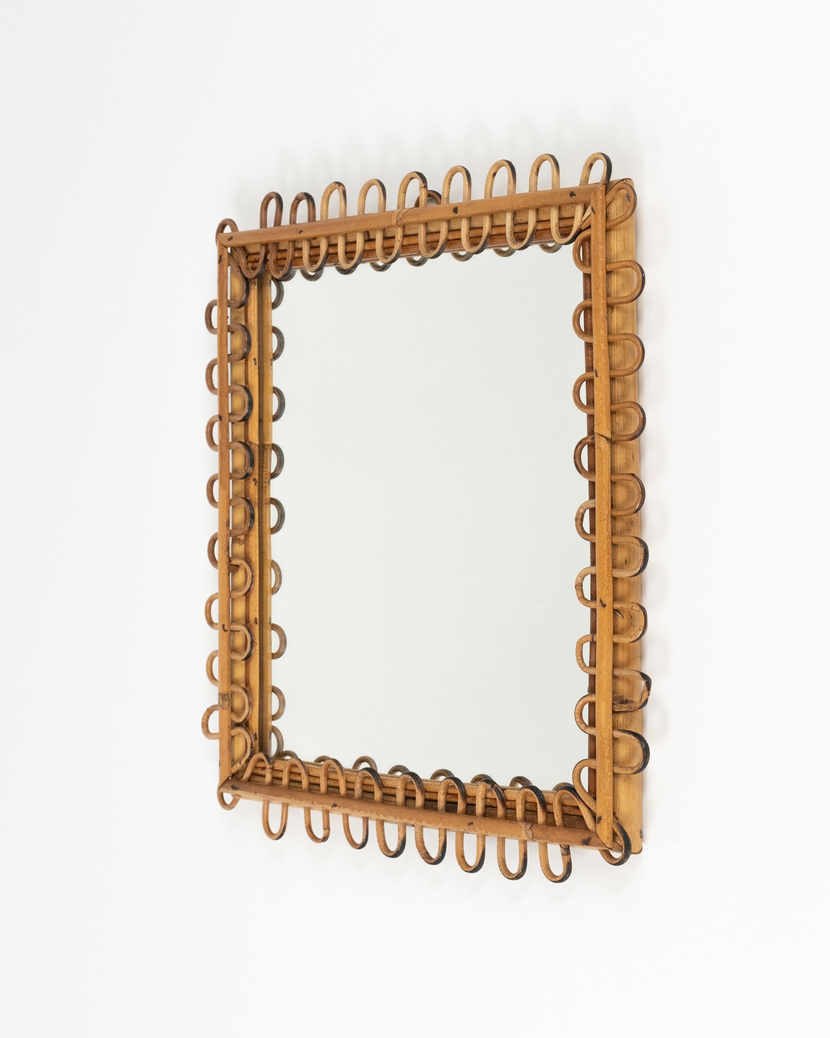 Midcentury Rattan & Bamboo Squared Wall Mirror Franco Albini Style, Italy 1960s In Good Condition For Sale In Rome, IT