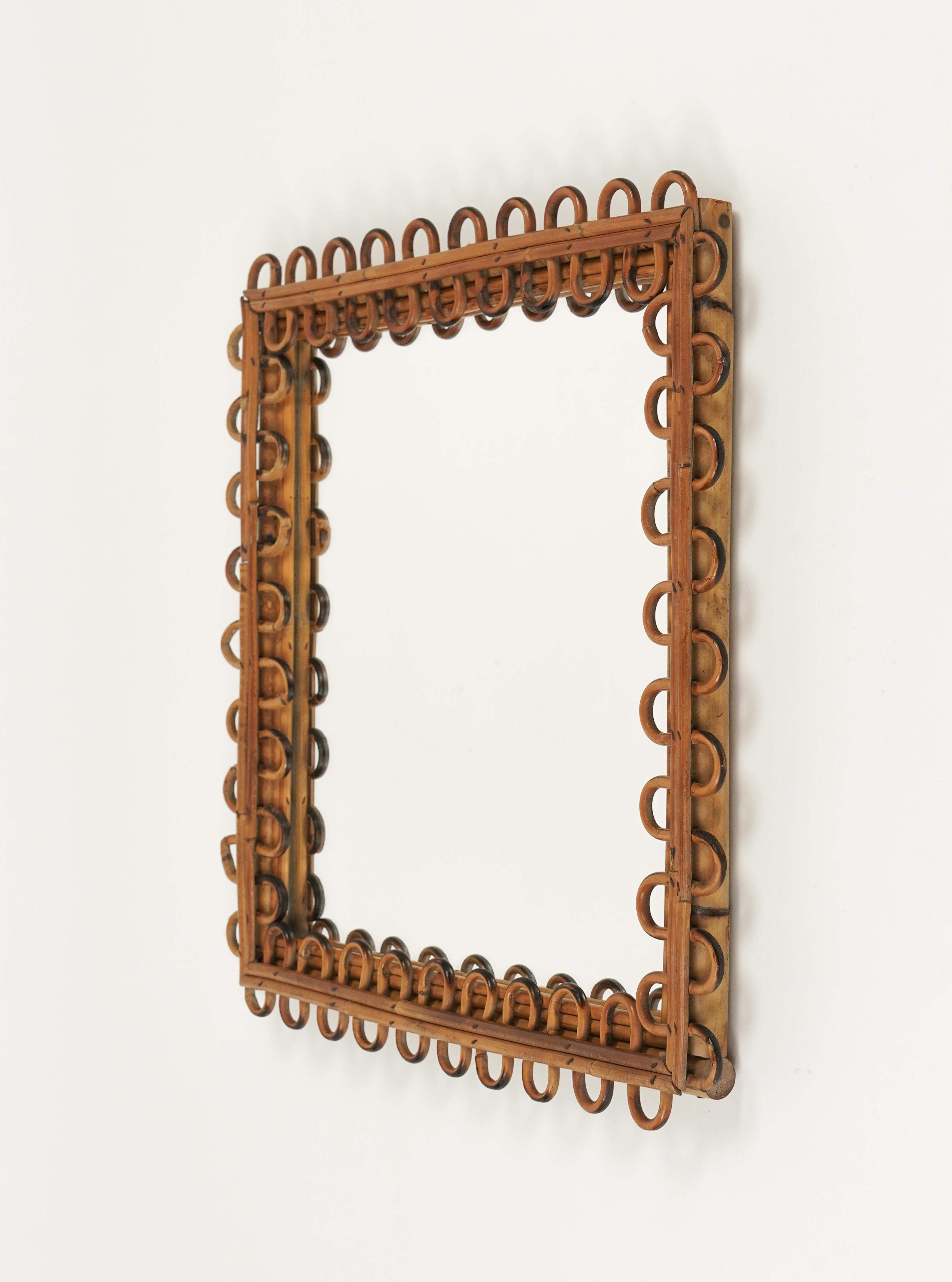 Midcentury Rattan & Bamboo Squared Wall Mirror Franco Albini Style, Italy 1960s For Sale 1