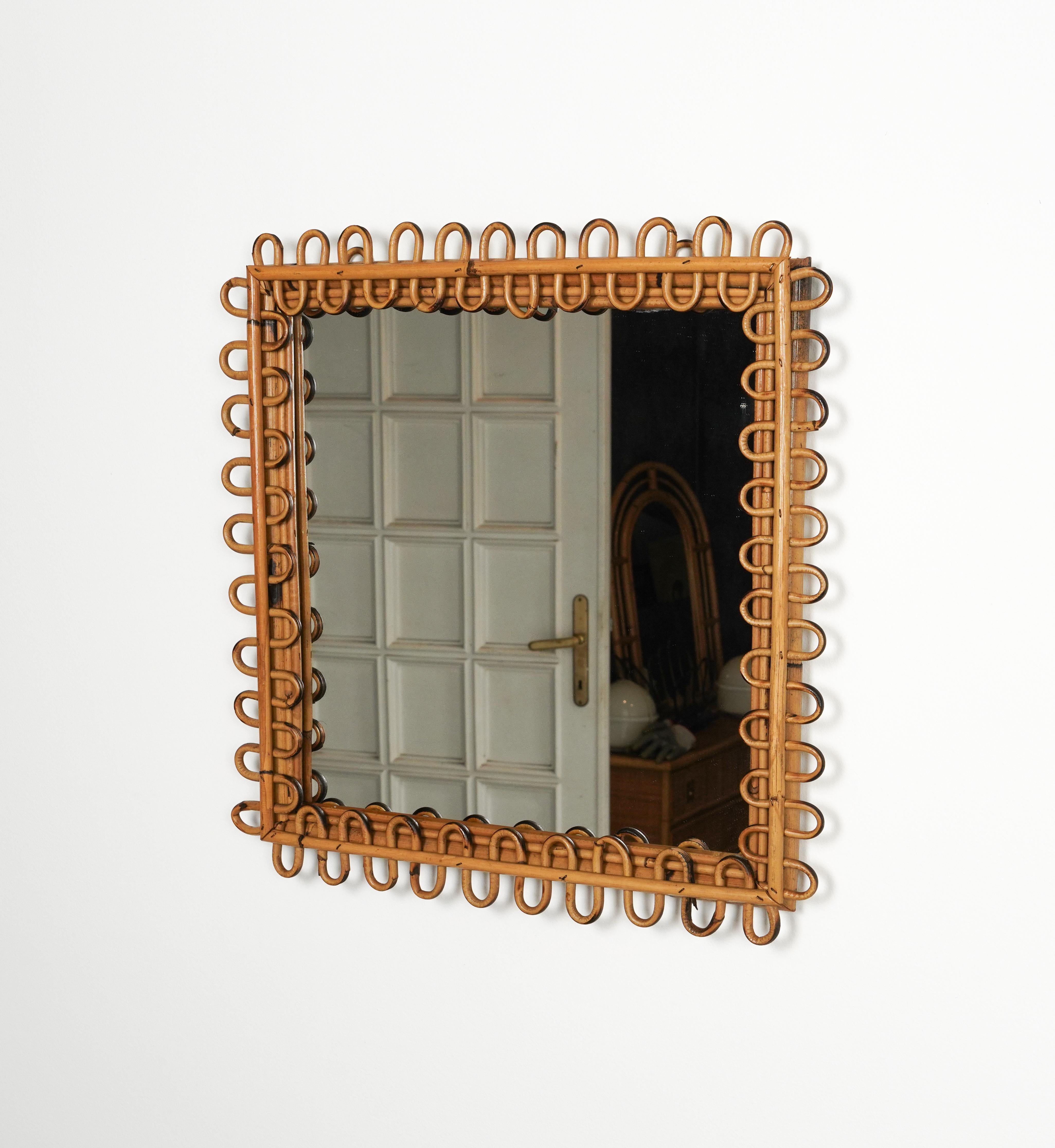 Midcentury Rattan & Bamboo Squared Wall Mirror Franco Albini Style, Italy 1960s For Sale 2