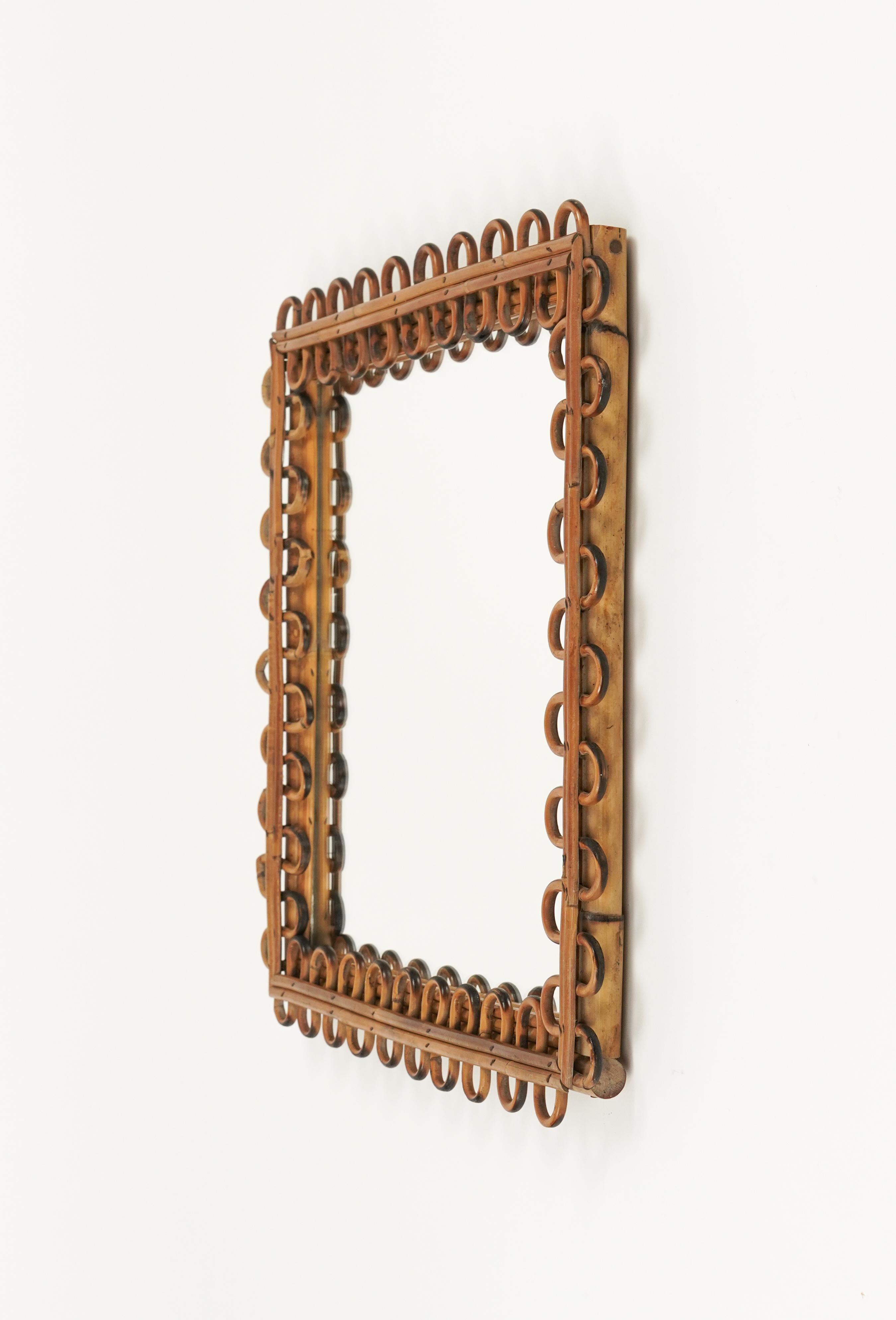 Midcentury Rattan & Bamboo Squared Wall Mirror Franco Albini Style, Italy 1960s For Sale 2