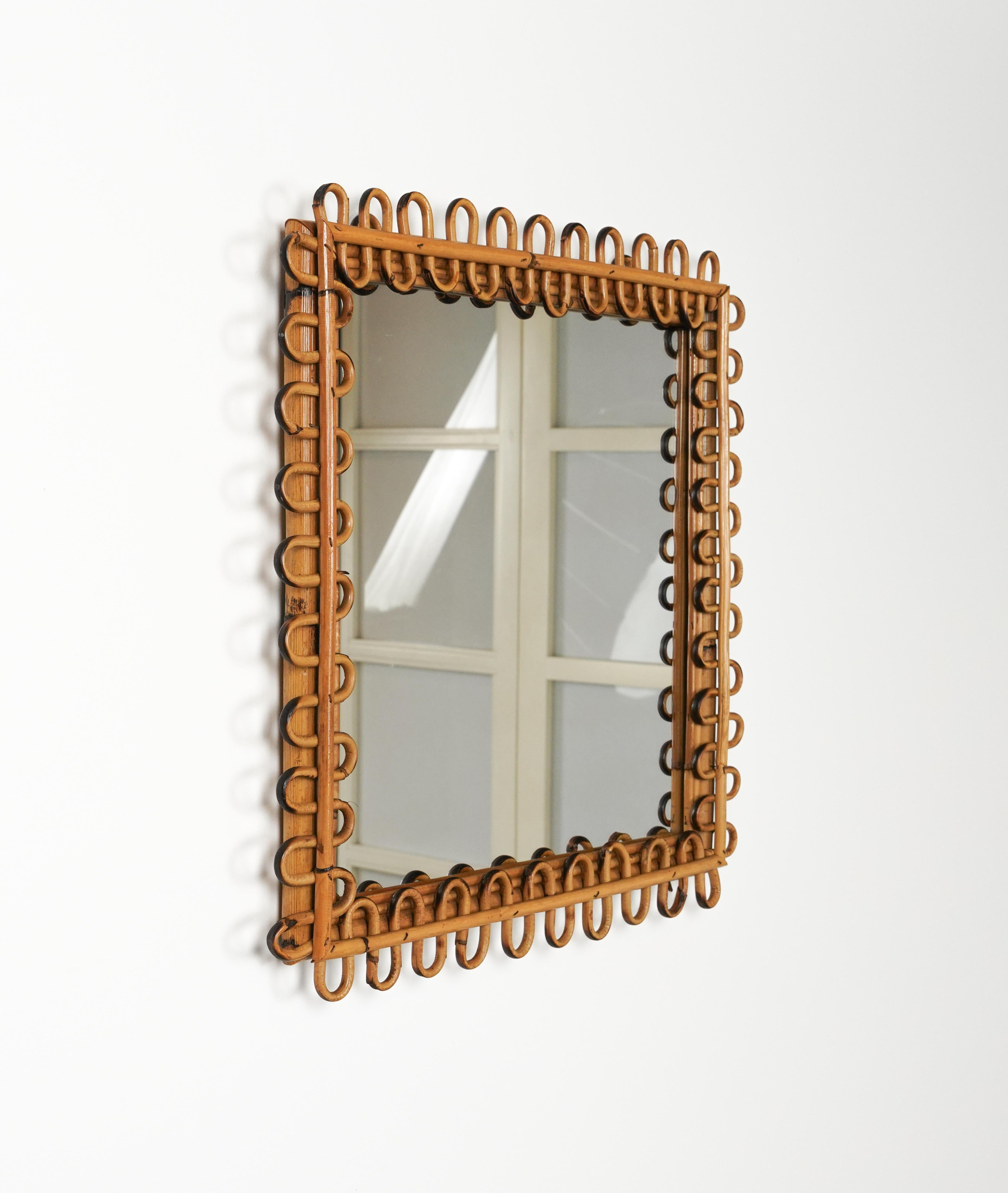 Midcentury Rattan & Bamboo Squared Wall Mirror Franco Albini Style, Italy 1960s For Sale 3