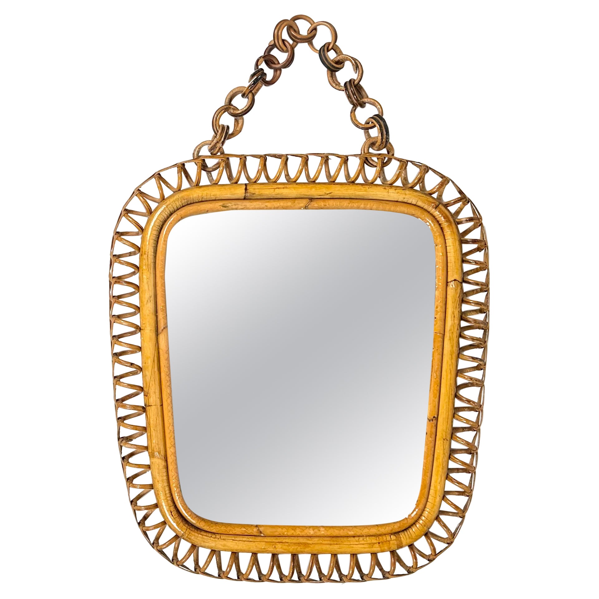 Midcentury Rattan & Bamboo Squared Wall Mirror Franco Albini Style, Italy, 1960s